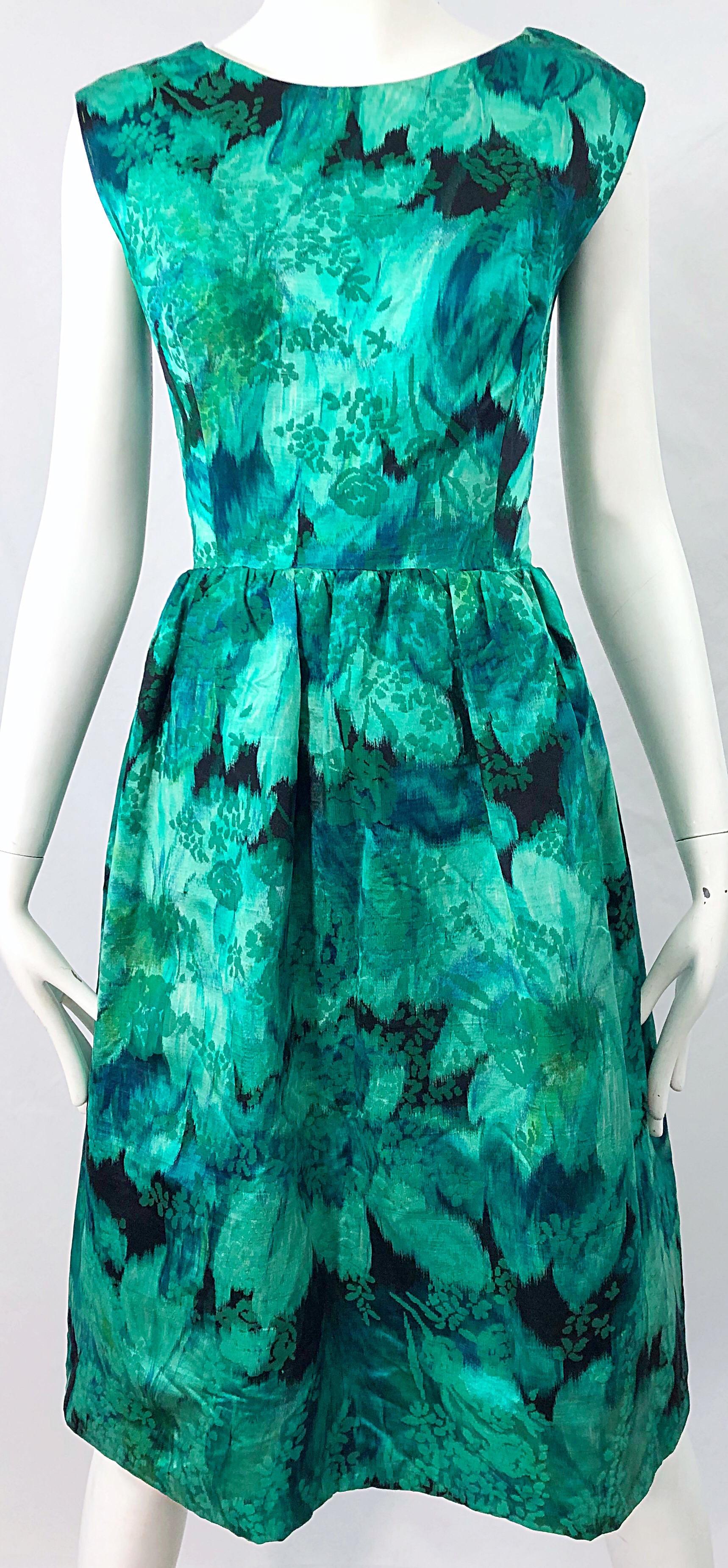 1950s Demi Couture Green Botanical Floral Silk Fit n' Flare Vintage 50s Dress For Sale 1