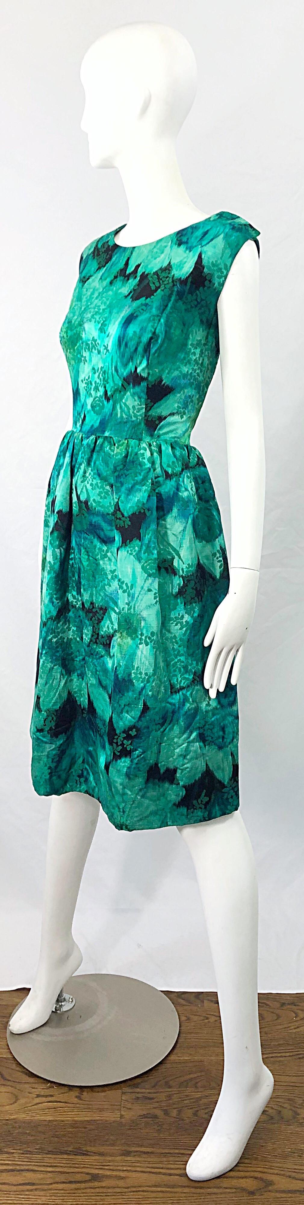 1950s Demi Couture Green Botanical Floral Silk Fit n' Flare Vintage 50s Dress For Sale 2