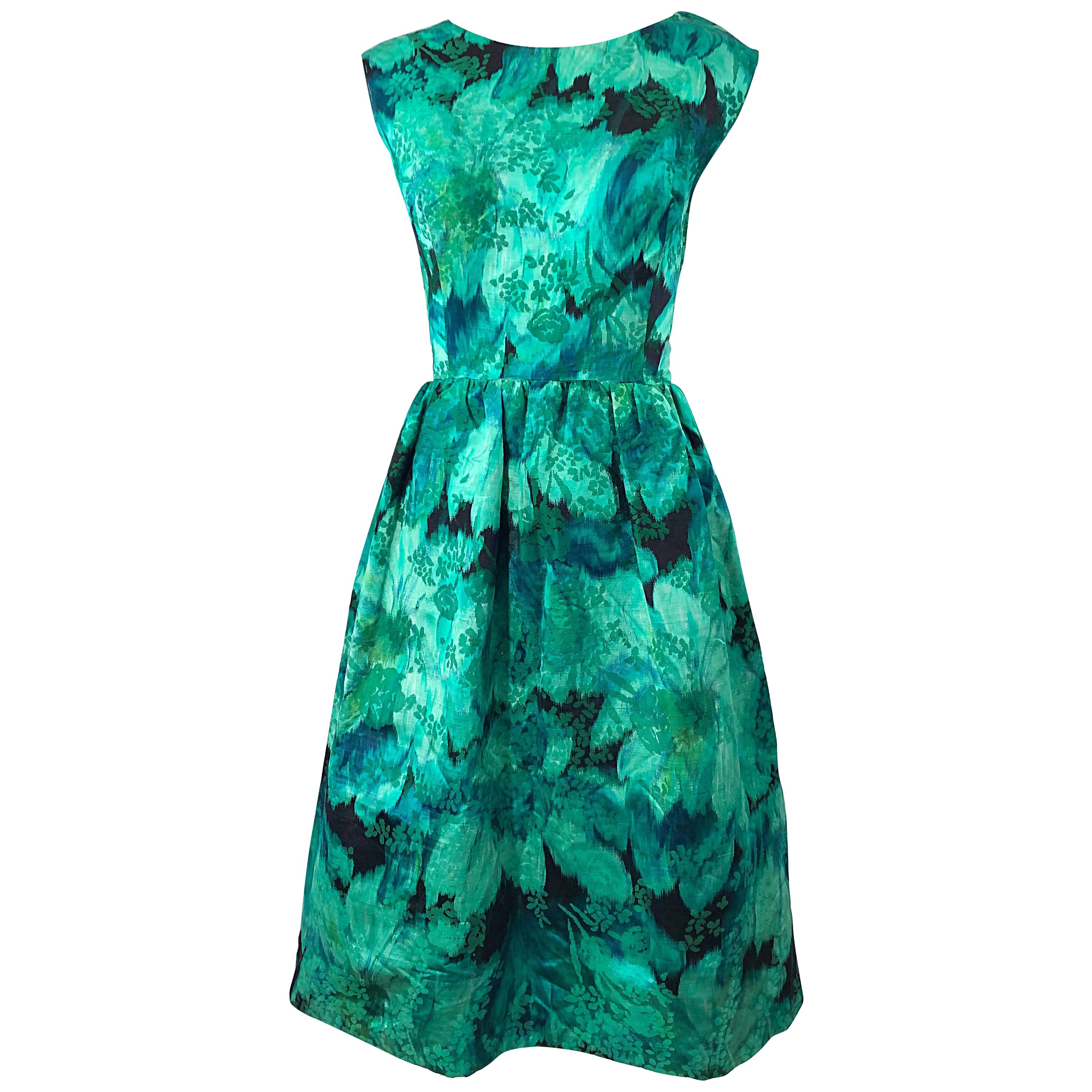 1950s Demi Couture Green Botanical Floral Silk Fit n' Flare Vintage 50s Dress For Sale