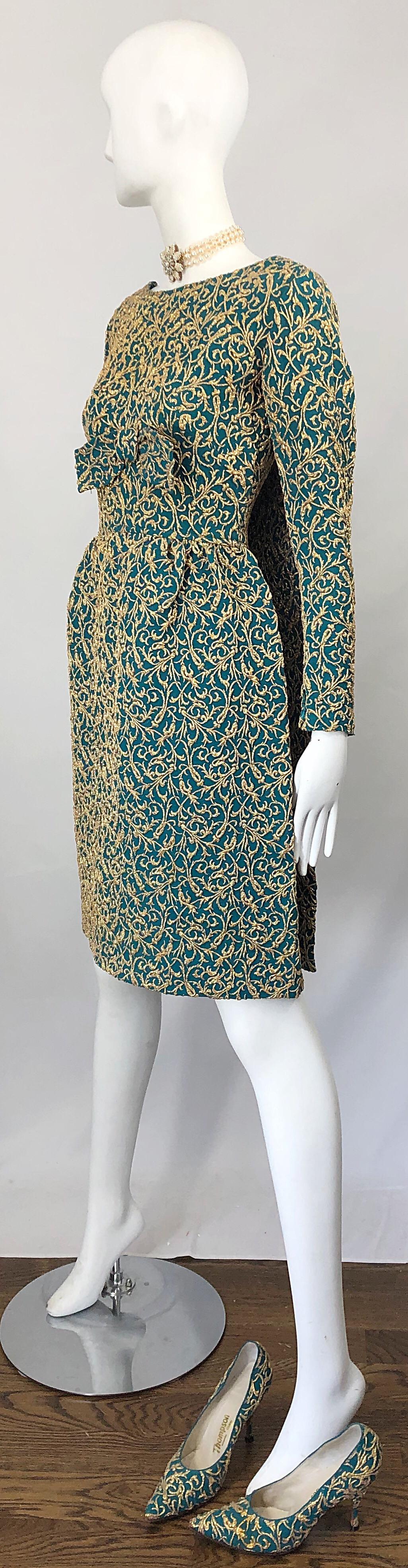 1950s Demi Couture Green Gold Silk Crepe Brocade Vintage 50s Train Dress Shoes  6