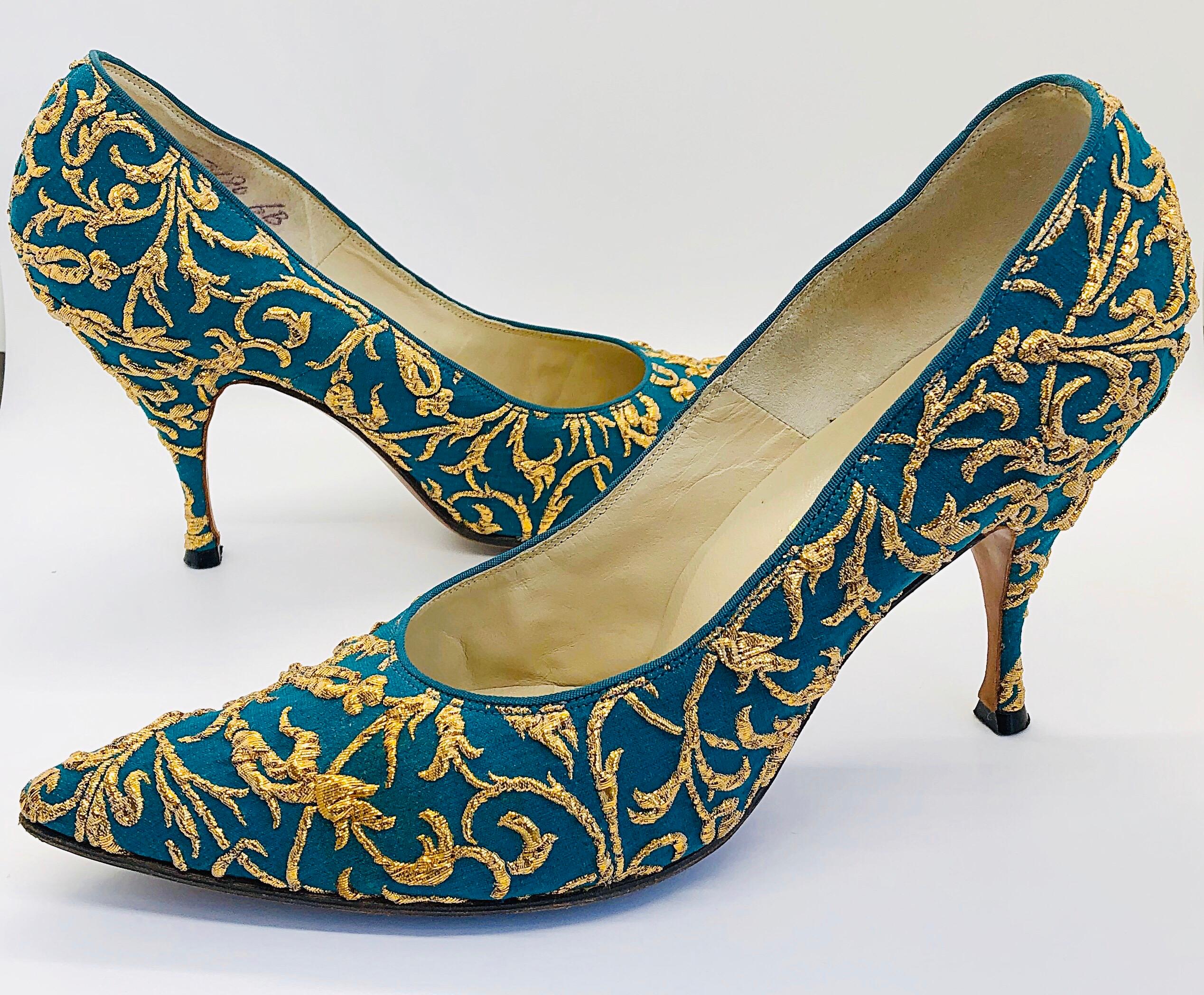 1950s Demi Couture Green Gold Silk Crepe Brocade Vintage 50s Train Dress Shoes  9