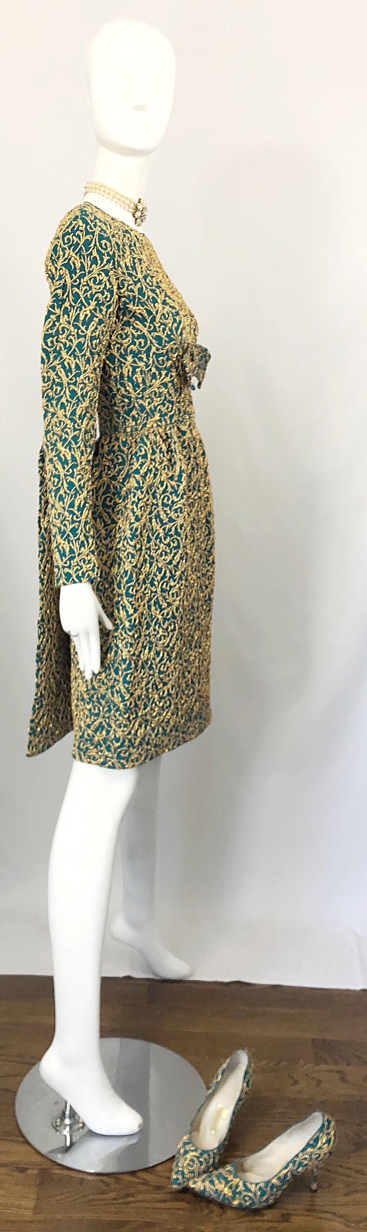 1950s Demi Couture Green Gold Silk Crepe Brocade Vintage 50s Train Dress Shoes  11