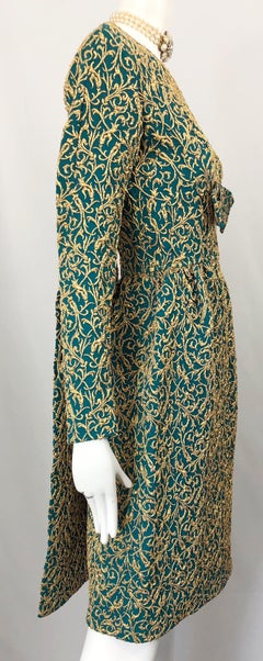 1950s Demi Couture Green Gold Silk Crepe Brocade Vintage 50s Train Dress Shoes