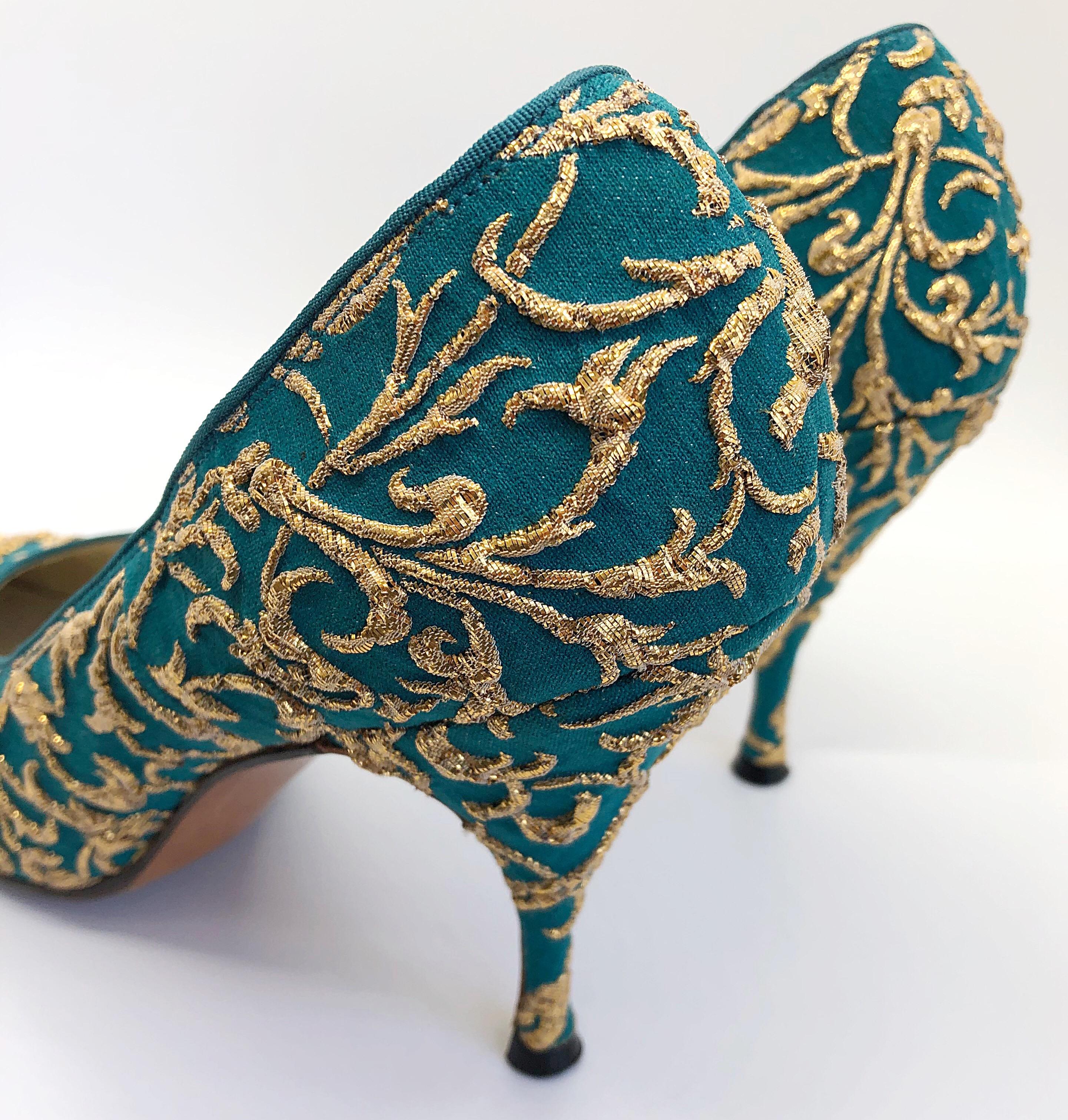 Blue 1950s Demi Couture Green Gold Silk Crepe Brocade Vintage 50s Train Dress Shoes 