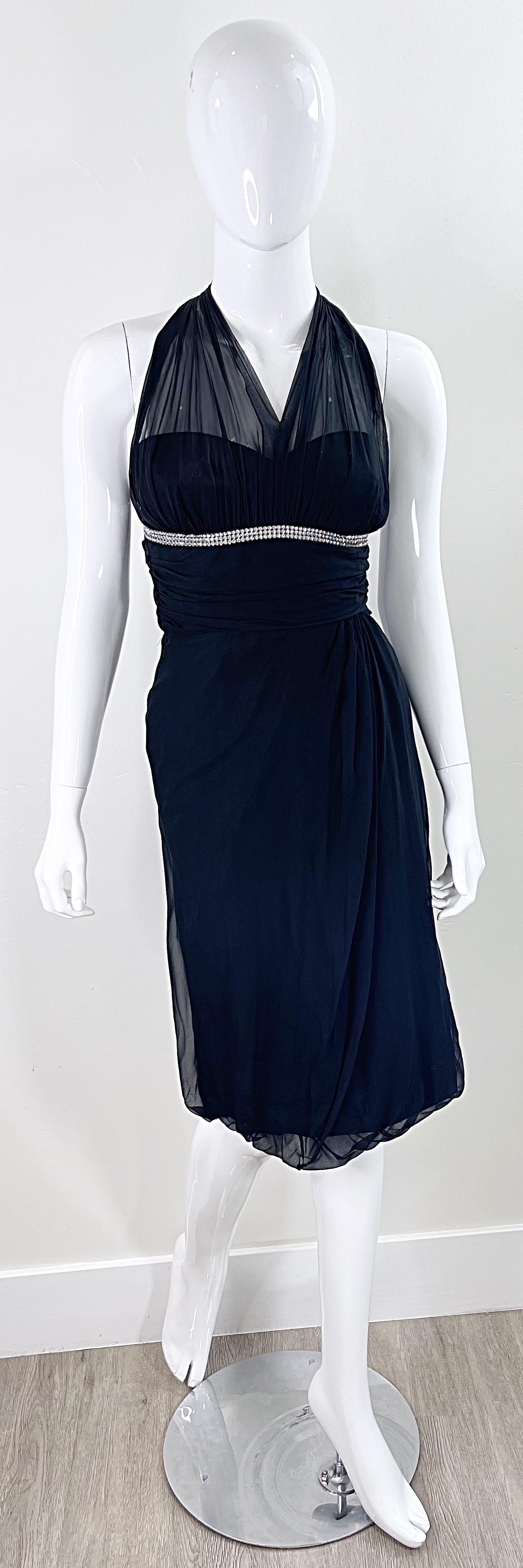 1950s Demi Couture House of Nine Black Silk Chiffon Vintage 50s Rhinestone Dress For Sale 11