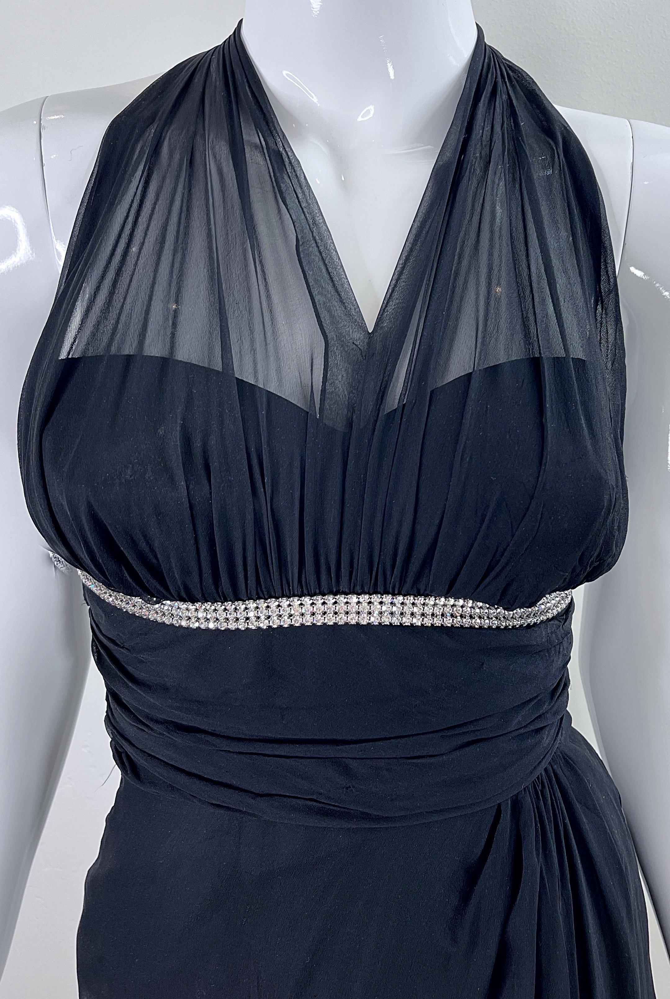 1950s Demi Couture House of Nine Black Silk Chiffon Vintage 50s Rhinestone Dress For Sale 1