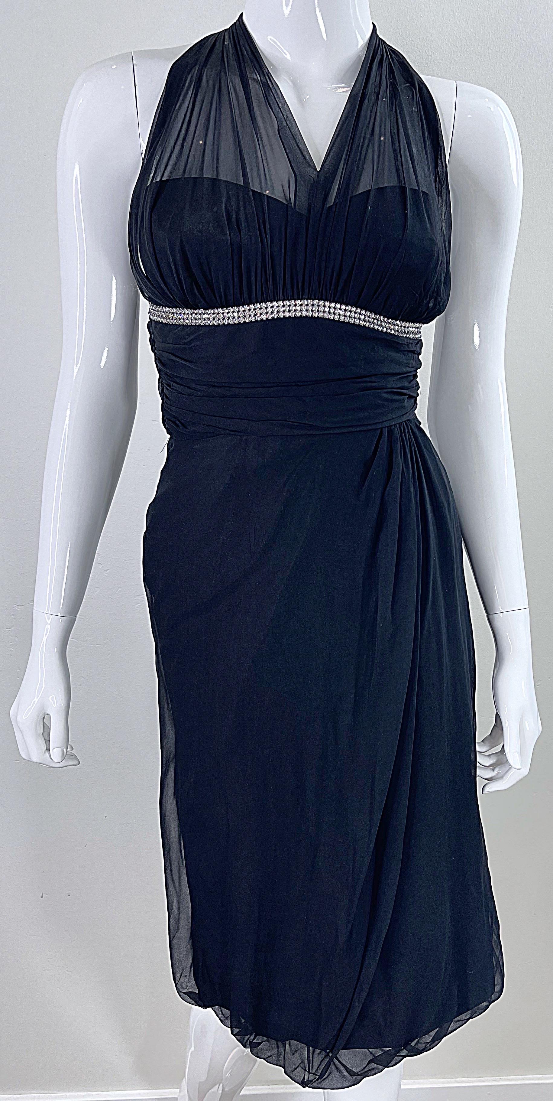 1950s Demi Couture House of Nine Black Silk Chiffon Vintage 50s Rhinestone Dress For Sale 3