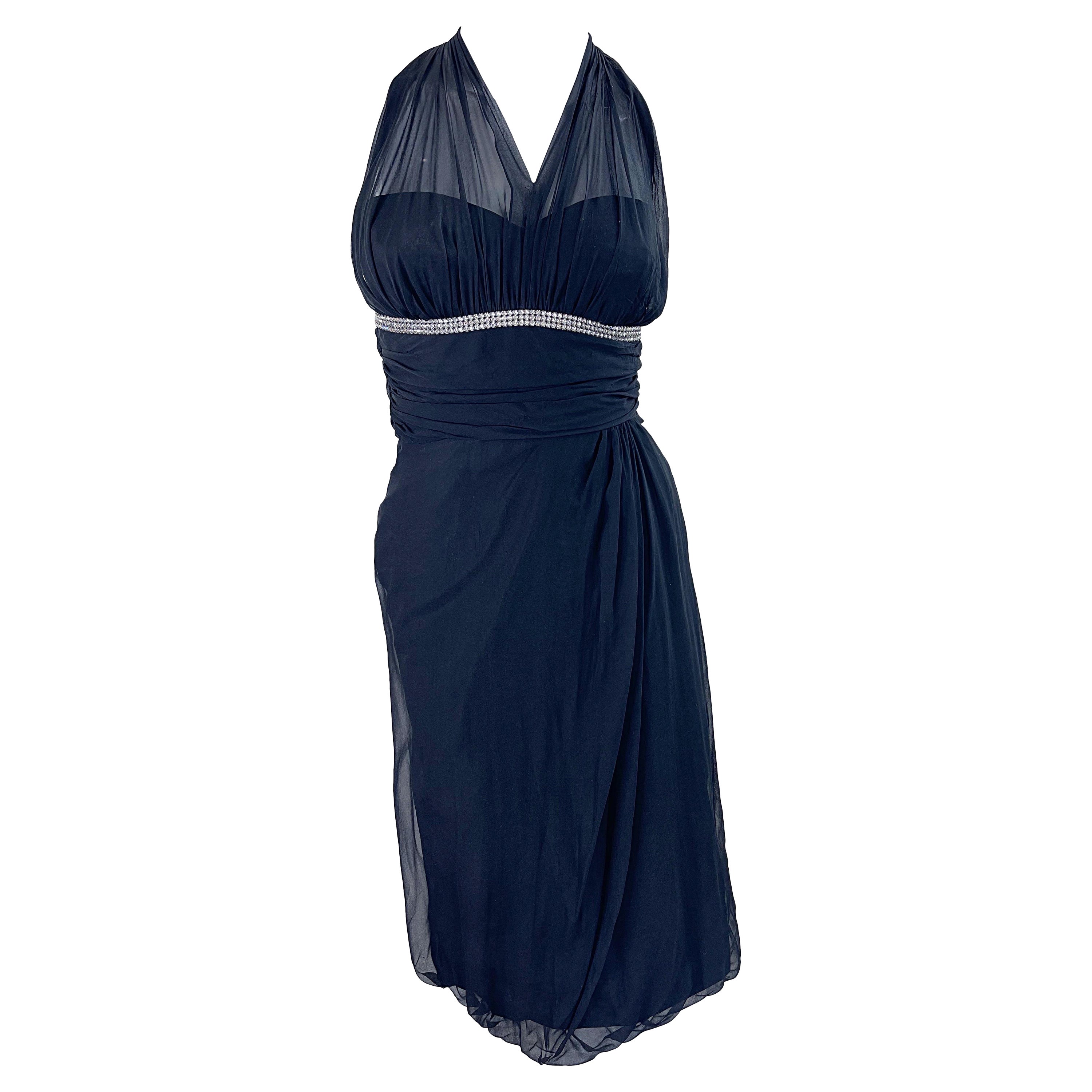 1950s Demi Couture House of Nine Abito in chiffon di seta nero vintage anni '50 con strass