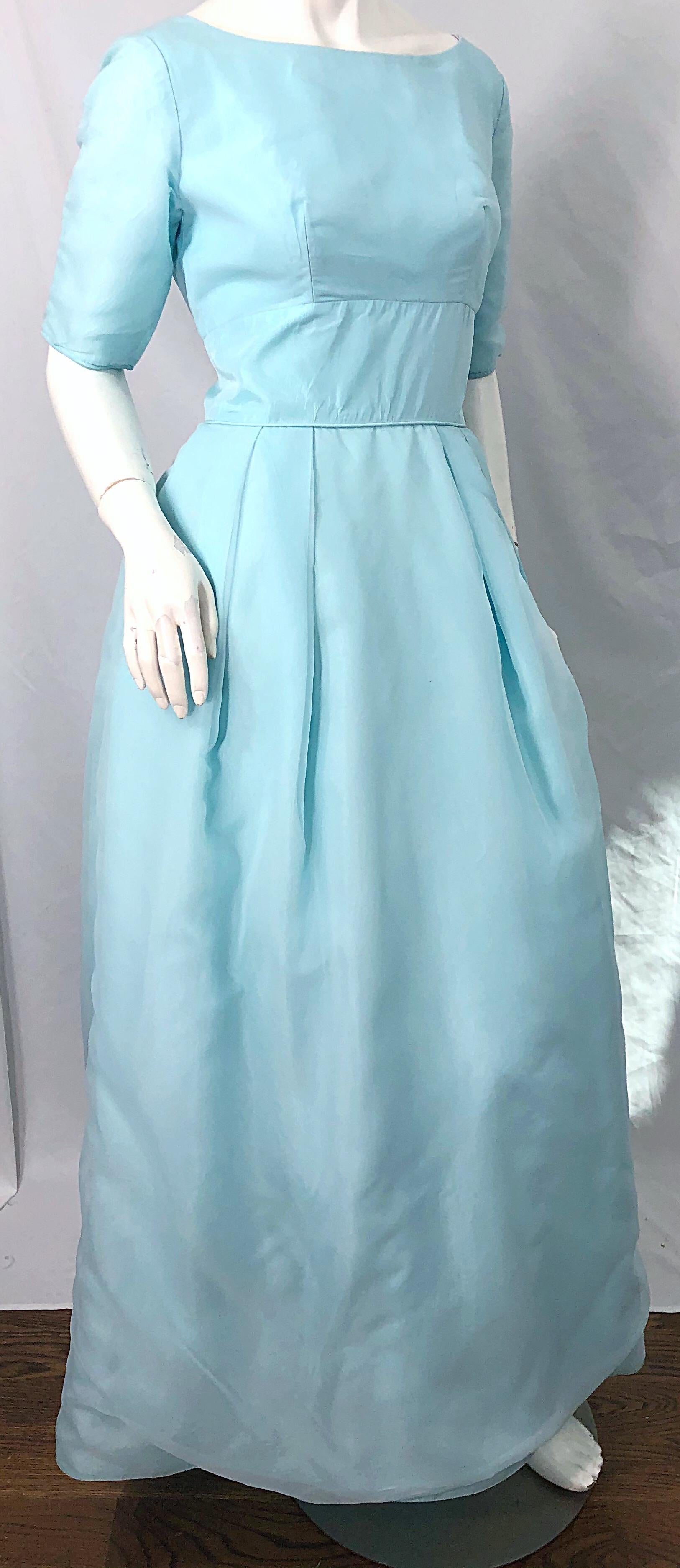 1950s Demi Couture Light Blue Cinderella Silk Chiffon Taffeta 3/4 Sleeves Gown For Sale 3