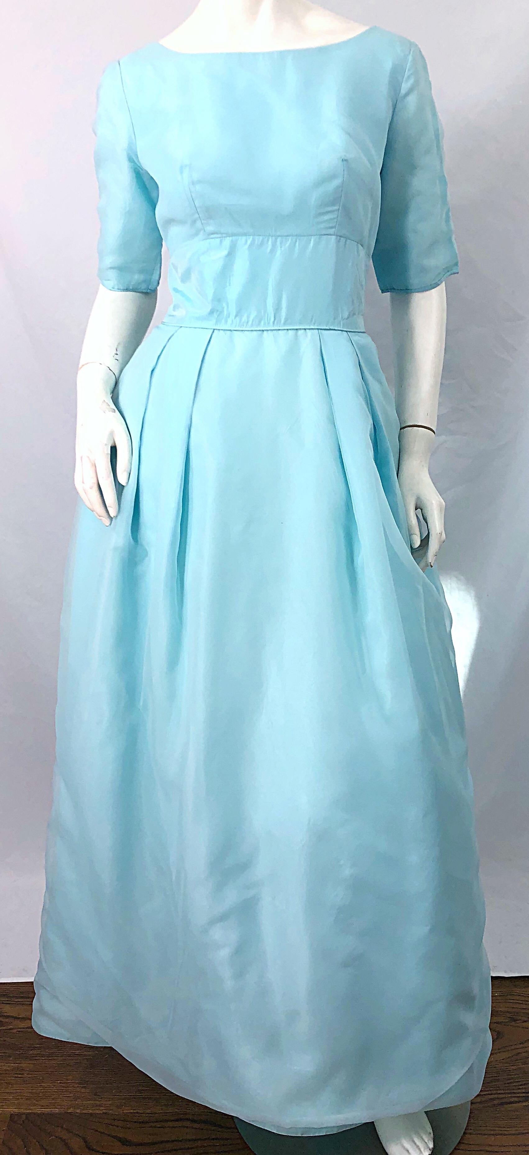 1950s Demi Couture Light Blue Cinderella Silk Chiffon Taffeta 3/4 Sleeves Gown In Excellent Condition For Sale In San Diego, CA