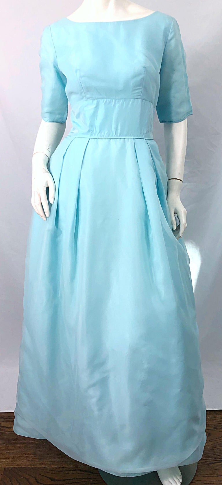 1950s Demi Couture Light Blue Cinderella Silk Chiffon Taffeta 3/4 Sleeves Gown 1950s Demi Couture Light Blue Cinderella Silk Chiffon Taffeta 3/4 Sleeves Gown