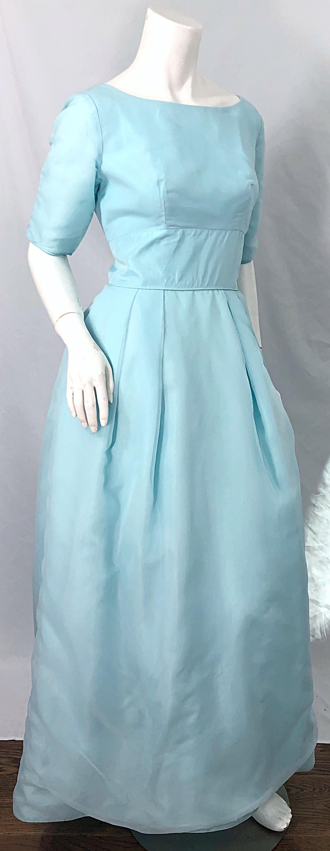 Women's 1950s Demi Couture Light Blue Cinderella Silk Chiffon Taffeta 3/4 Sleeves Gown For Sale