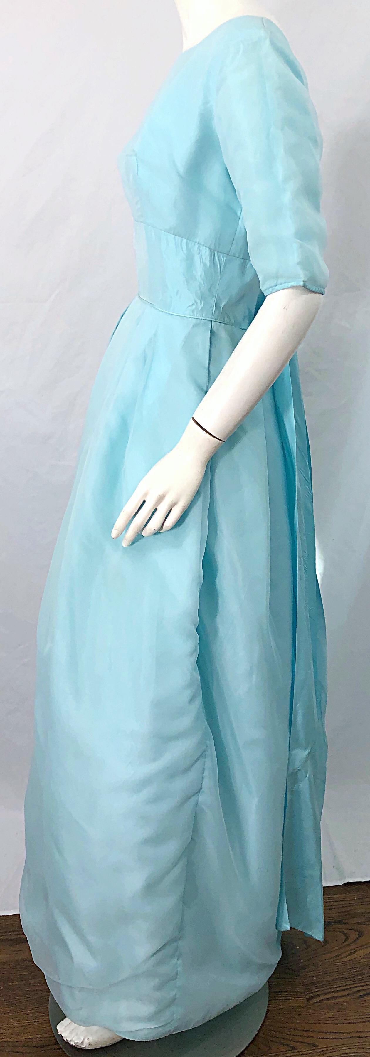 1950s Demi Couture Light Blue Cinderella Silk Chiffon Taffeta 3/4 Sleeves Gown For Sale 1