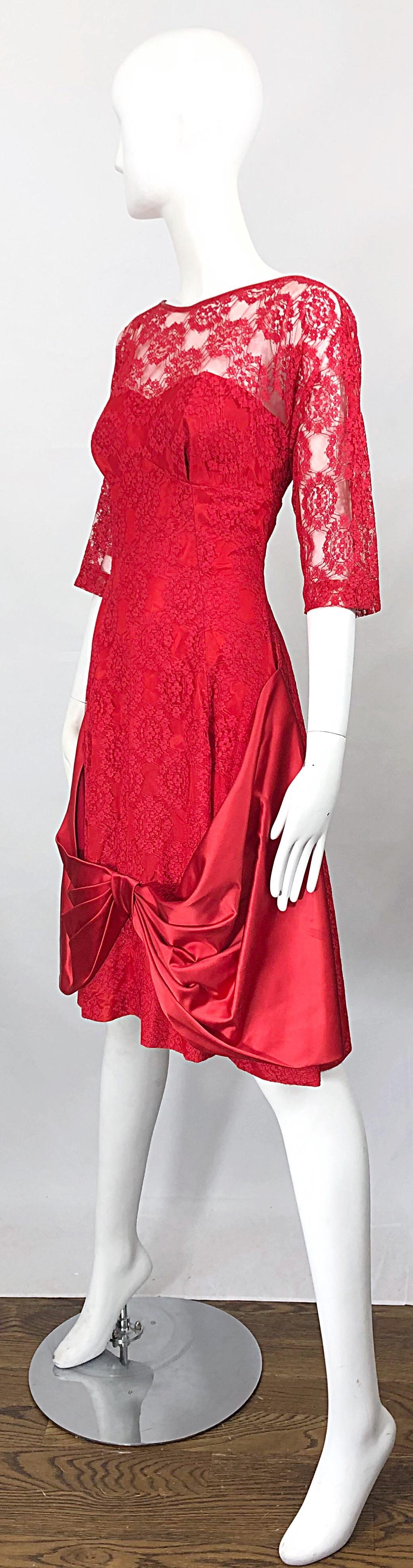 1950s Demi Couture Lips Stick Red Silk Lace 3/4 Sleeve Vintage 50s Dress For Sale 3