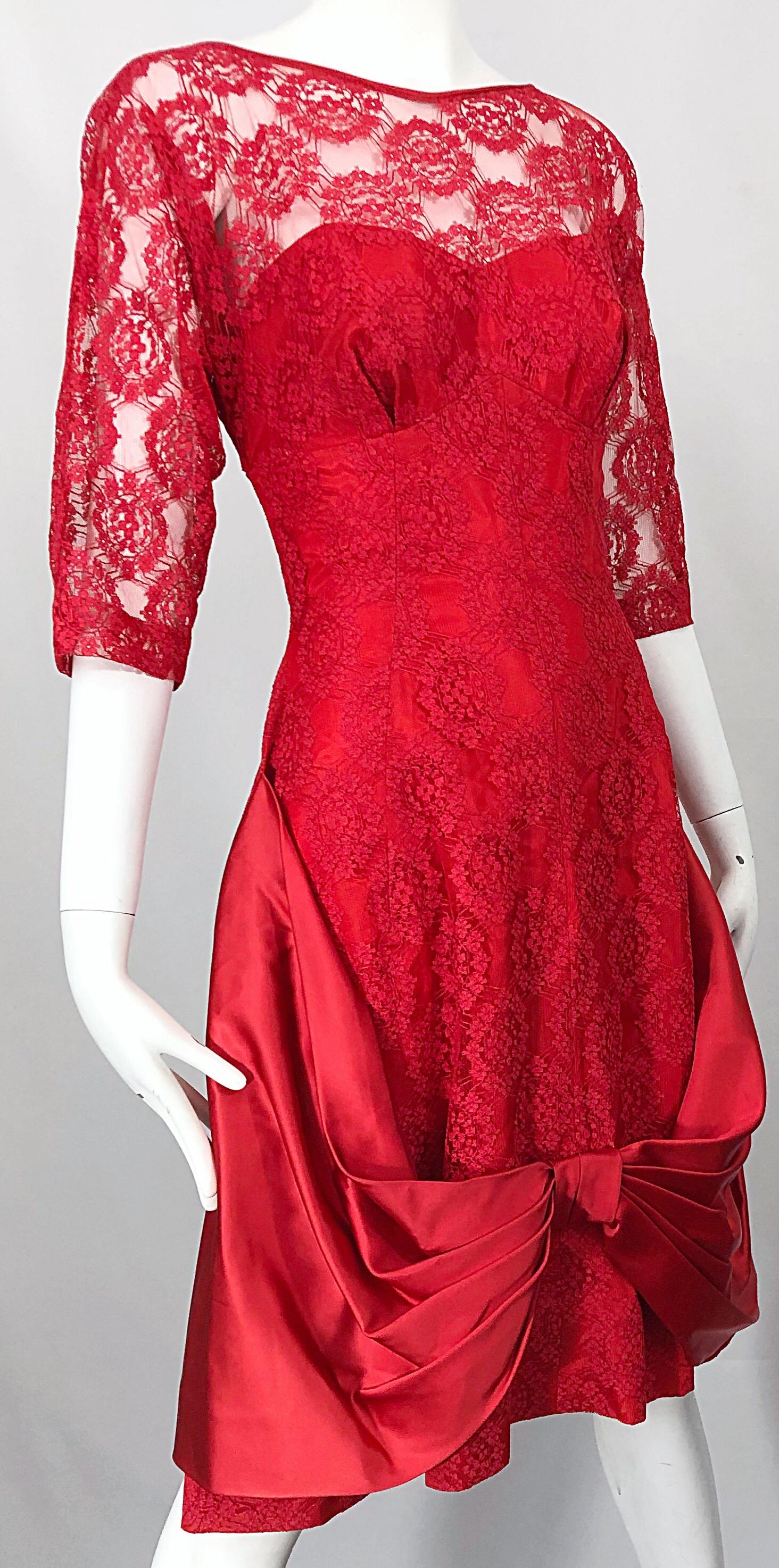1950s Demi Couture Lips Stick Red Silk Lace 3/4 Sleeve Vintage 50s Dress For Sale 5
