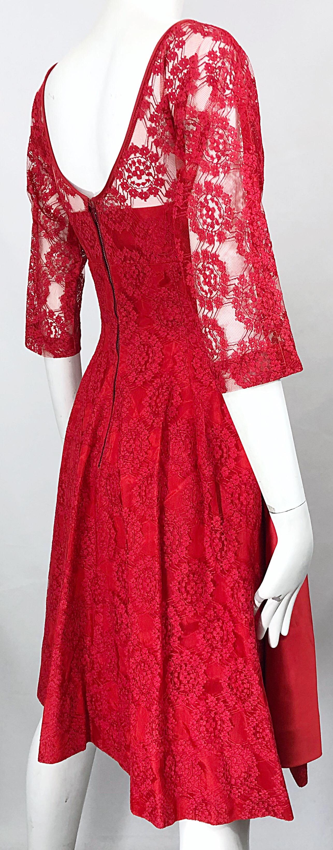 1950s Demi Couture Lips Stick Red Silk Lace 3/4 Sleeve Vintage 50s Dress For Sale 6