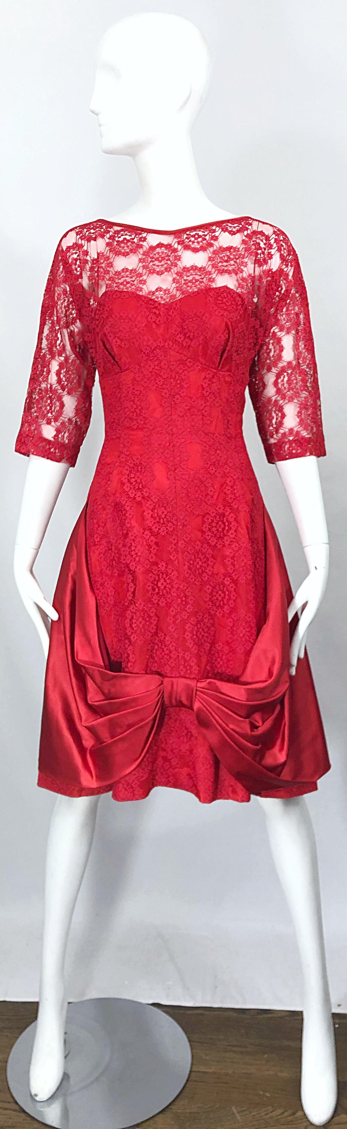 1950s Demi Couture Lips Stick Red Silk Lace 3/4 Sleeve Vintage 50s Dress For Sale 7