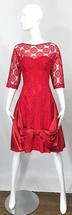 1950s Demi Couture Lips Stick Red Silk Lace 3/4 Sleeve Vintage 50s Dress