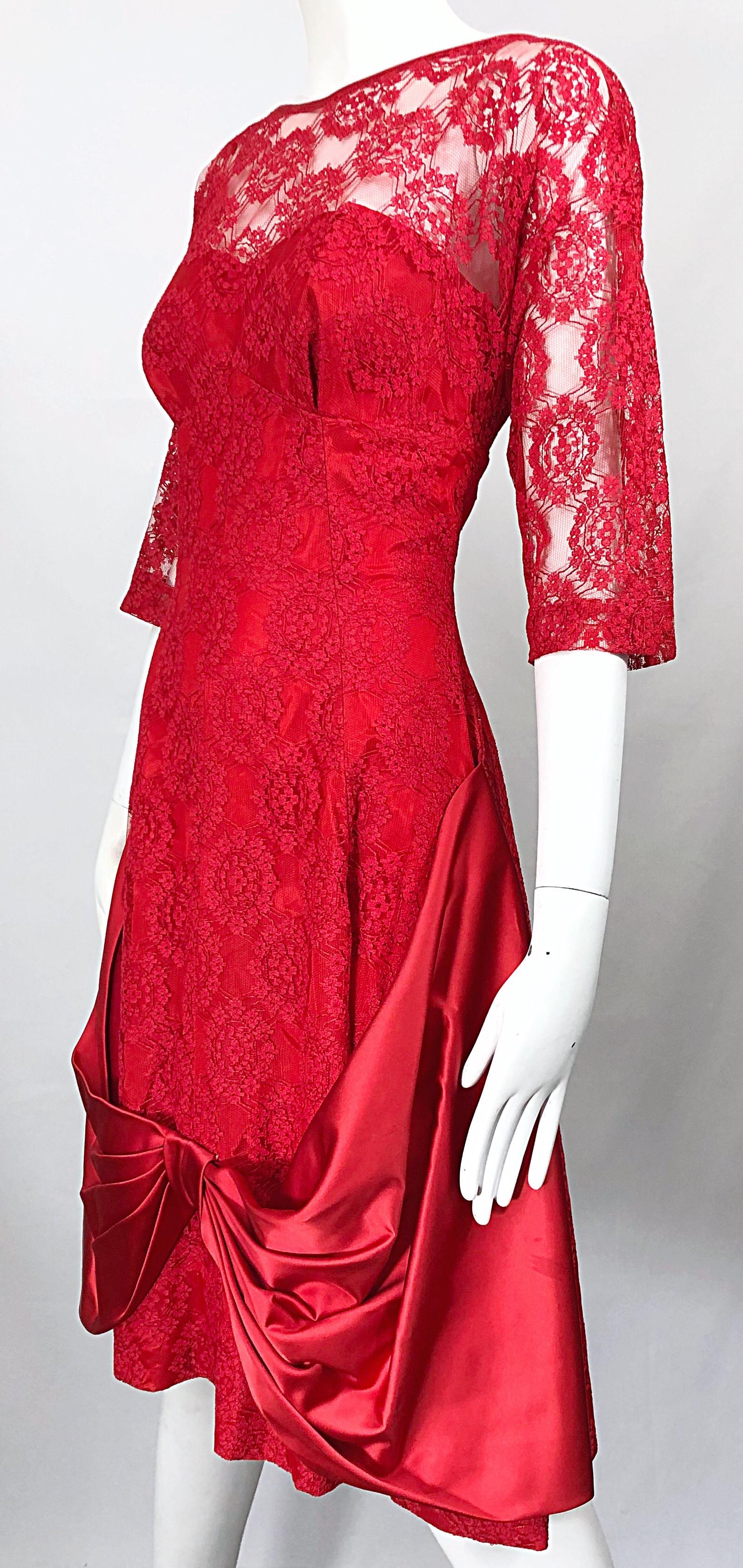 1950s Demi Couture Lips Stick Red Silk Lace 3/4 Sleeve Vintage 50s Dress In Excellent Condition For Sale In San Diego, CA