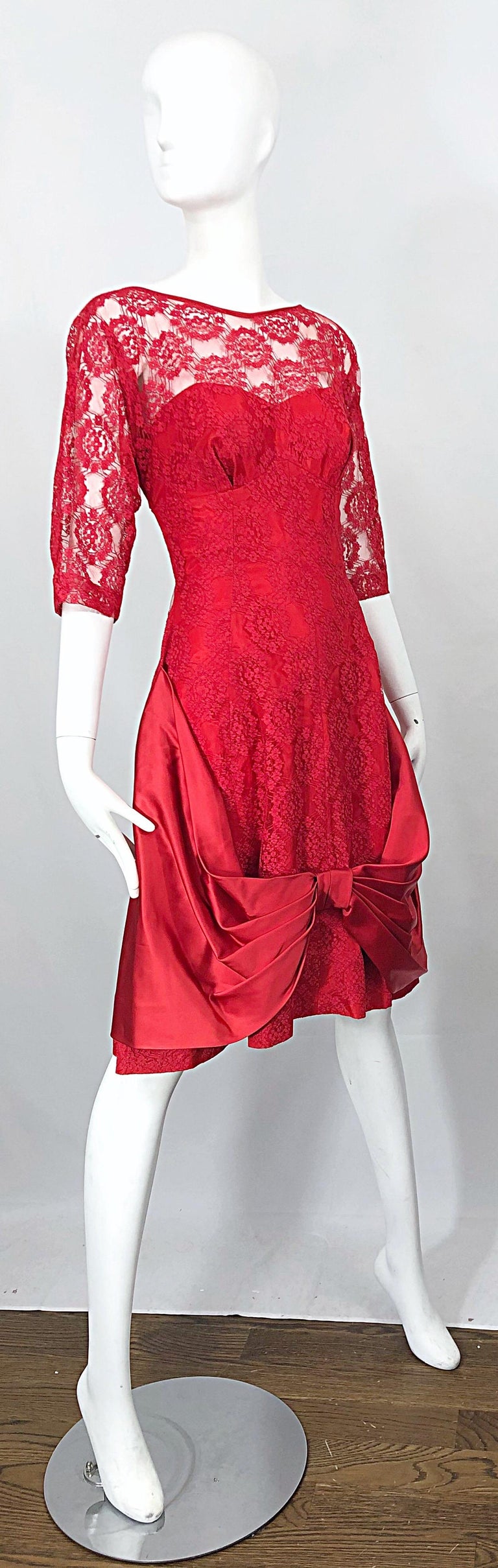 1950s Demi Couture Lips Stick Red Silk Lace 3/4 Sleeve Vintage 50s Dress