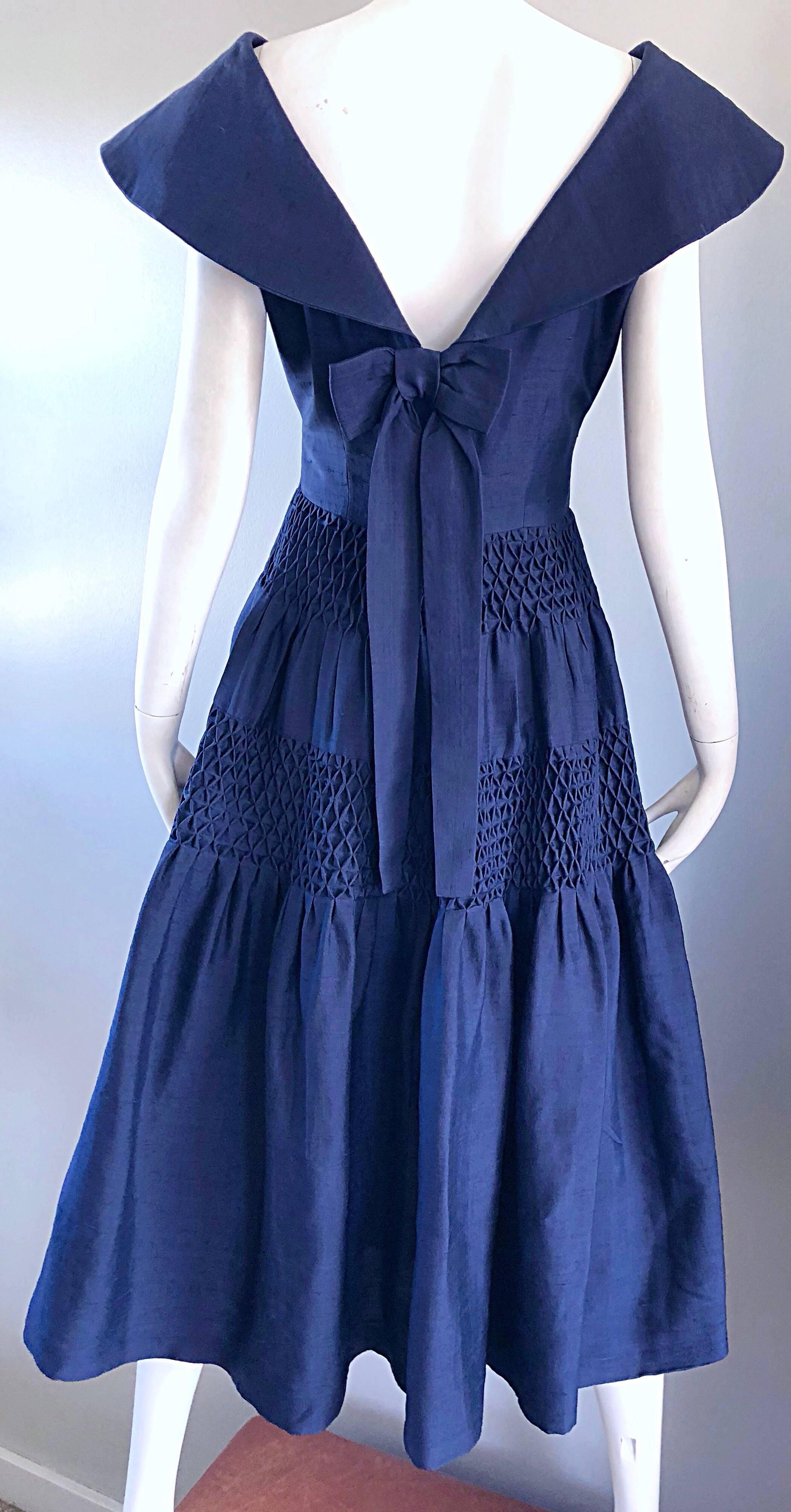 1950s Demi Couture Navy Blue Silk Shantung Vintage 50s Nautical Dress 5
