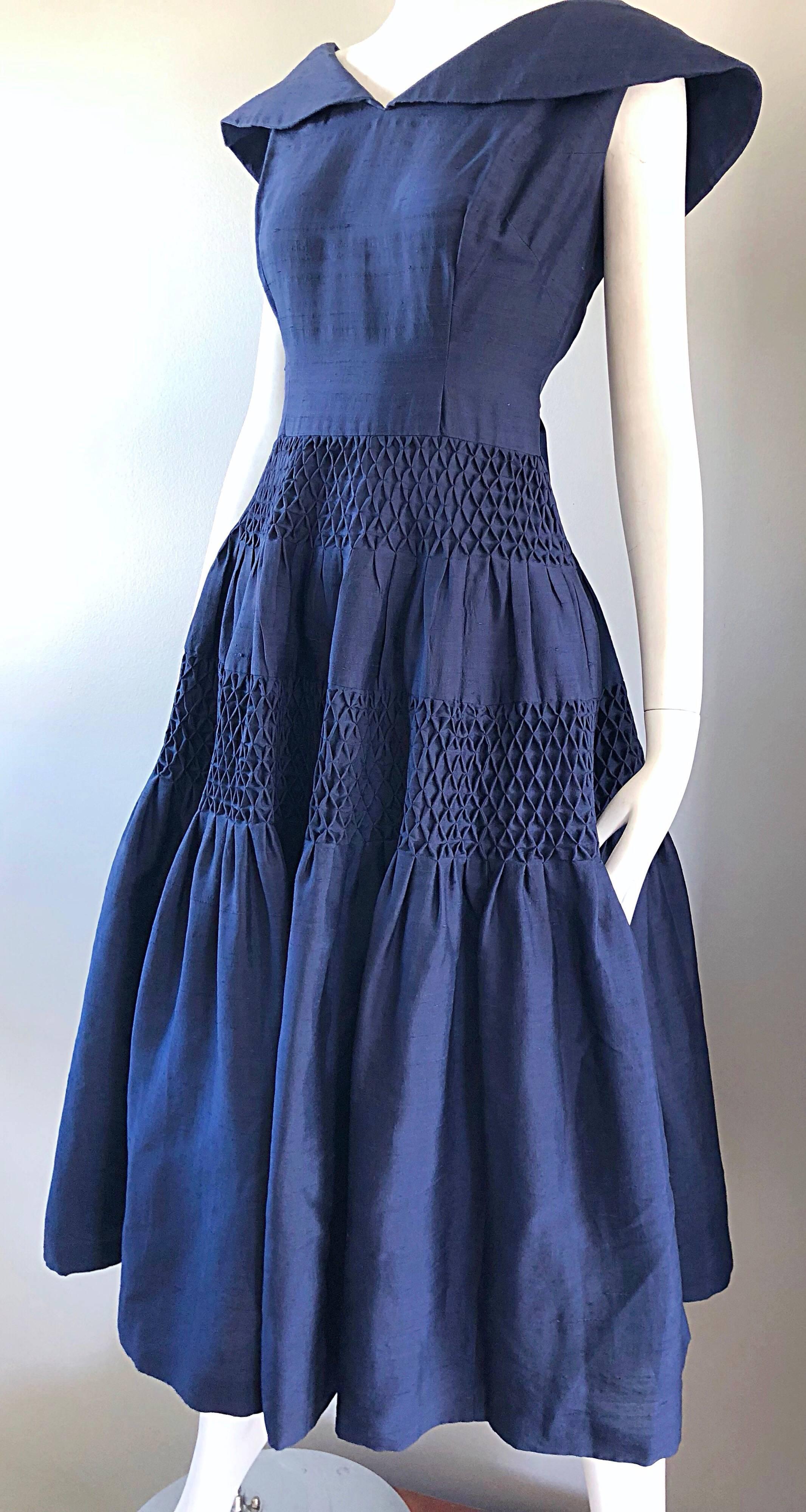 1950s Demi Couture Navy Blue Silk Shantung Vintage 50s Nautical Dress 6