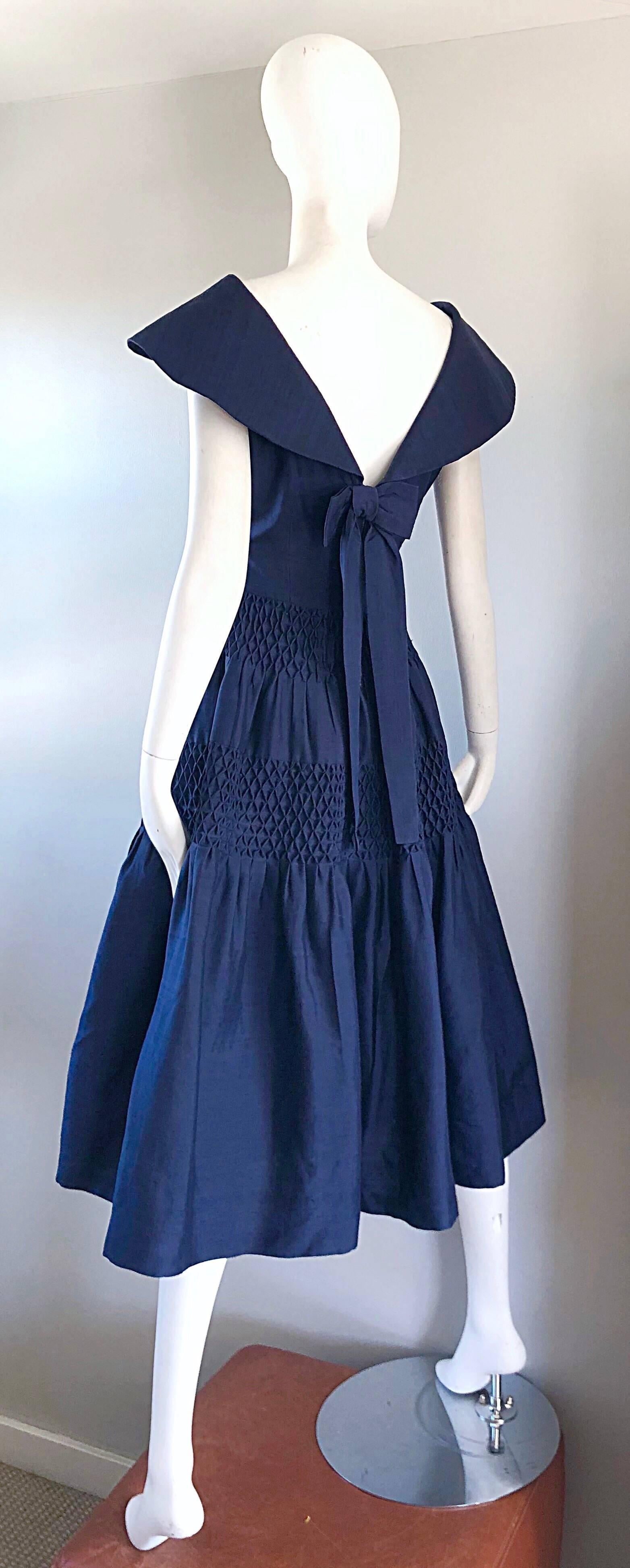 1950s Demi Couture Navy Blue Silk Shantung Vintage 50s Nautical Dress 7