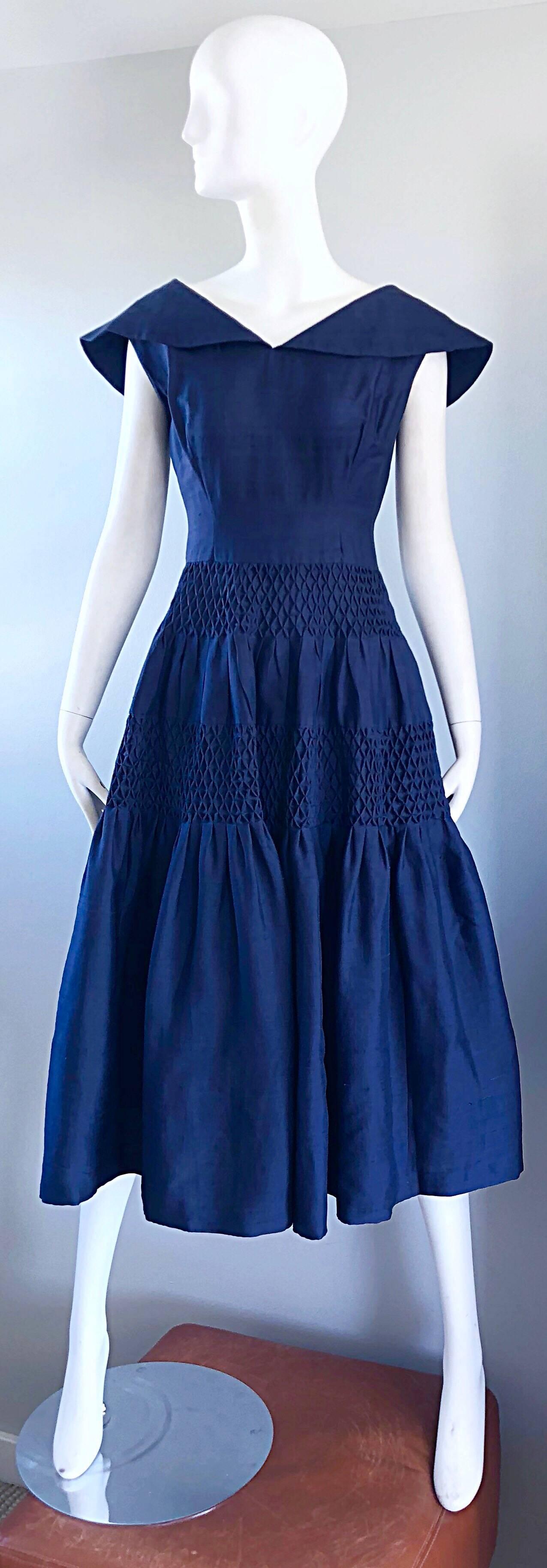 1950s Demi Couture Navy Blue Silk Shantung Vintage 50s Nautical Dress 8