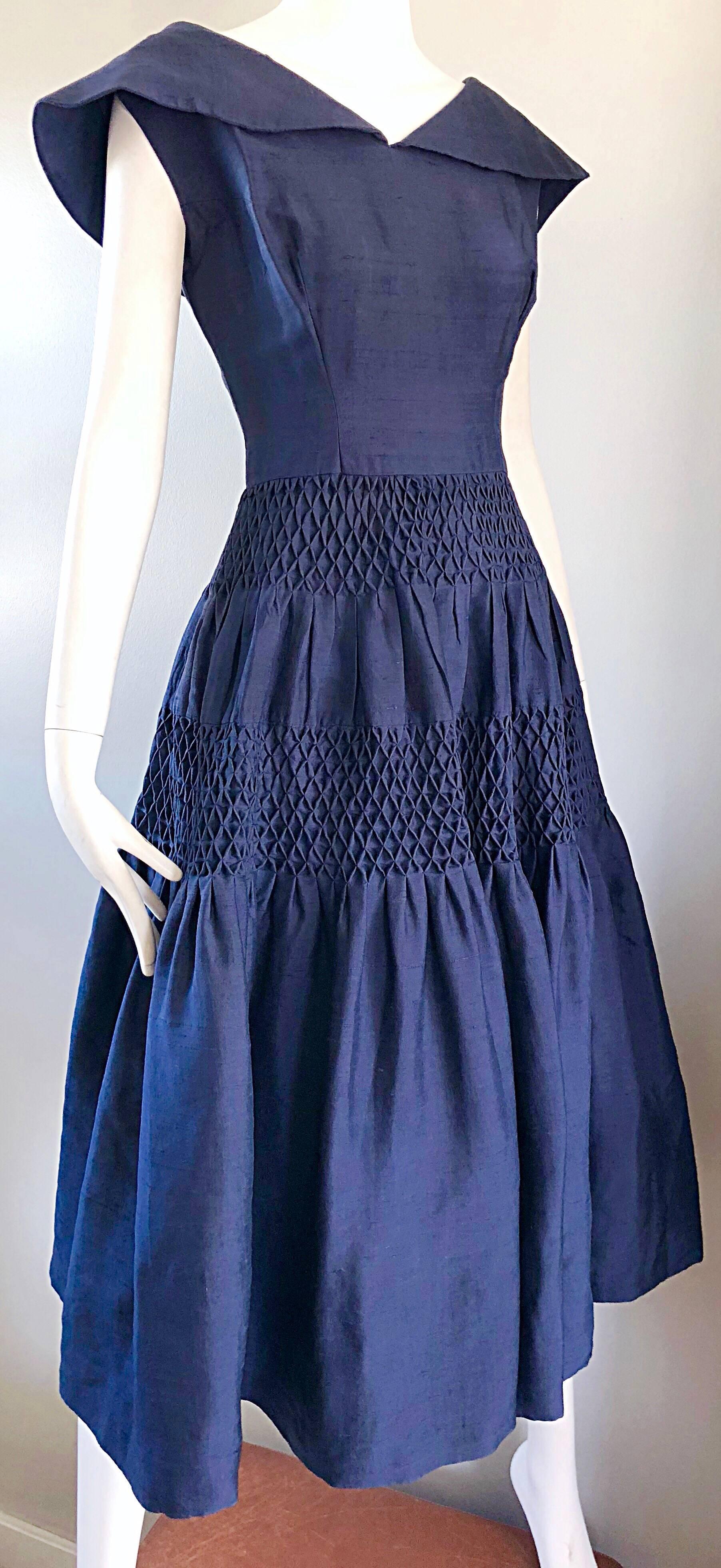 1950s Demi Couture Navy Blue Silk Shantung Vintage 50s Nautical Dress In Excellent Condition In San Diego, CA