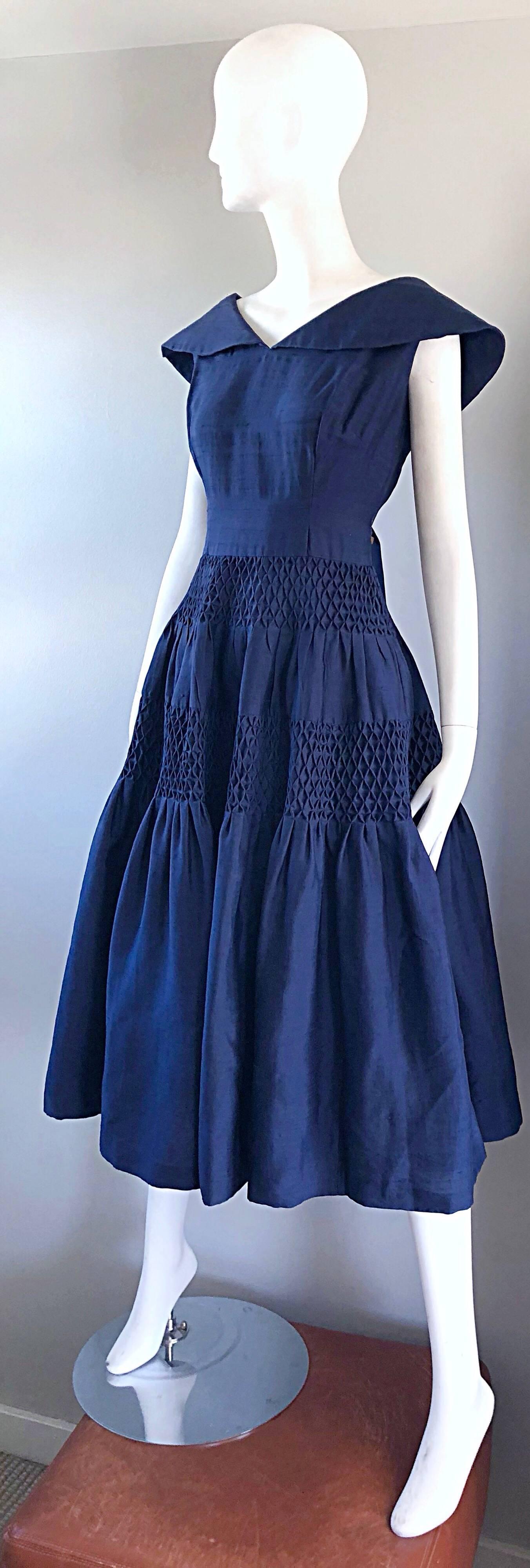 Women's 1950s Demi Couture Navy Blue Silk Shantung Vintage 50s Nautical Dress