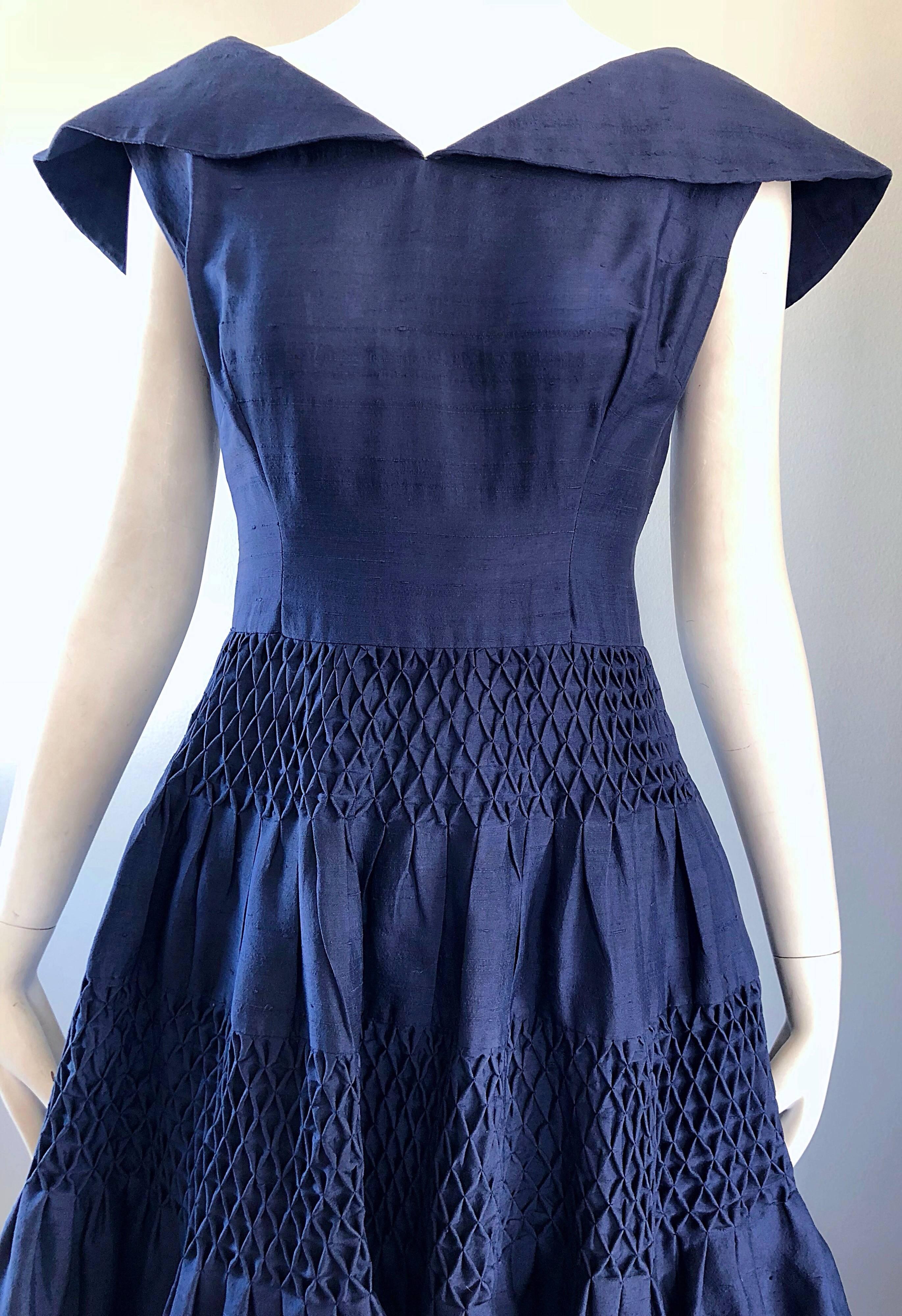 1950s Demi Couture Navy Blue Silk Shantung Vintage 50s Nautical Dress 1