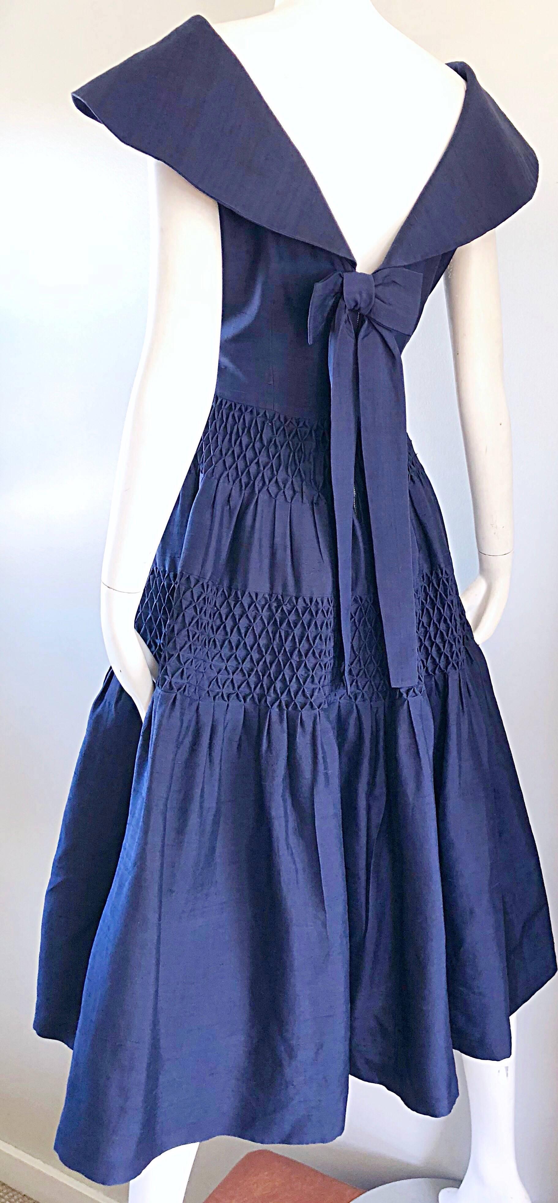 1950s Demi Couture Navy Blue Silk Shantung Vintage 50s Nautical Dress 2