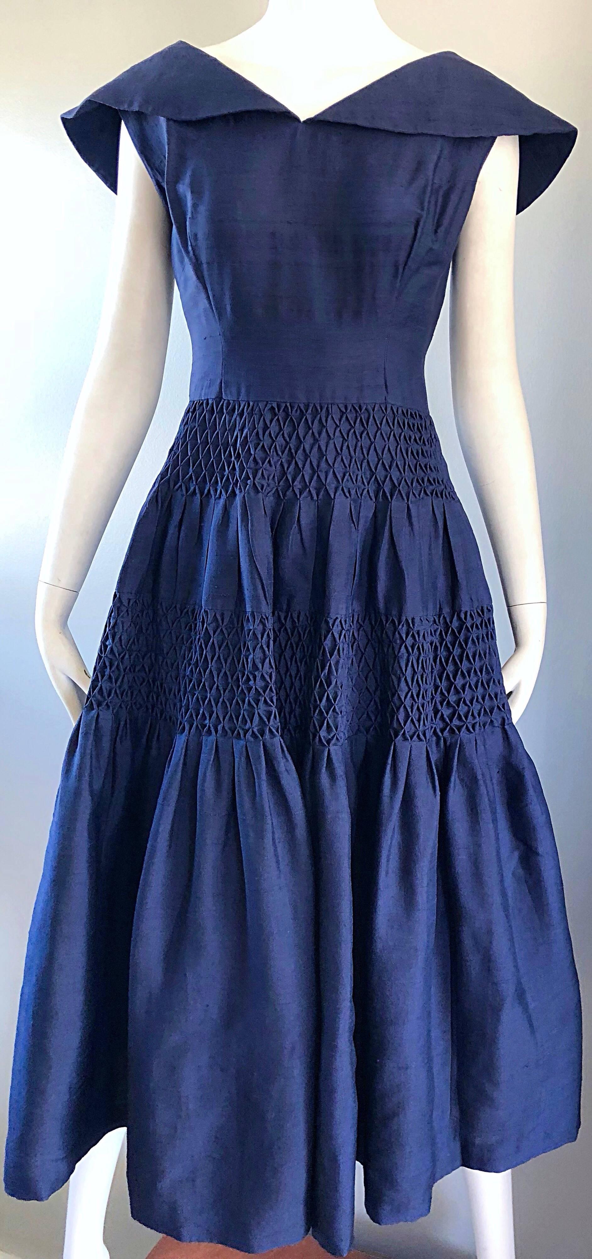1950s Demi Couture Navy Blue Silk Shantung Vintage 50s Nautical Dress 3