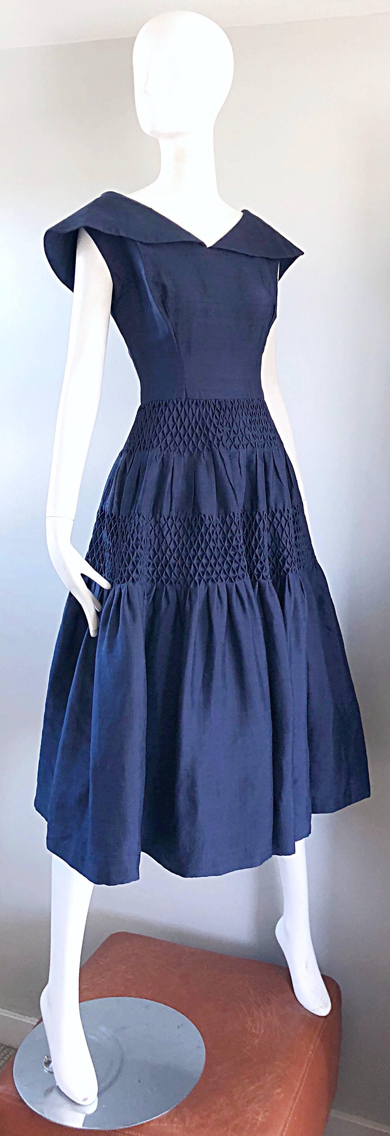 1950s Demi Couture Navy Blue Silk Shantung Vintage 50s Nautical Dress 4