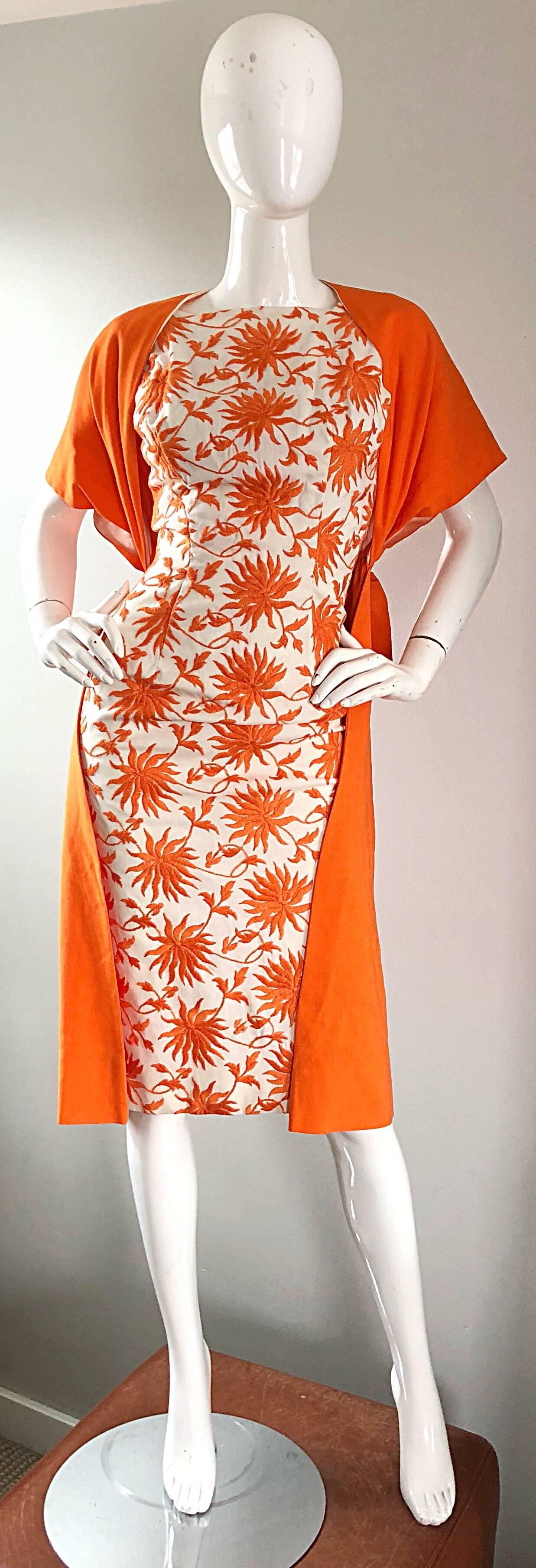 1950s Demi Couture Orange + Ivory White Vintage 50s Wiggle Dress and Jacket Set 3