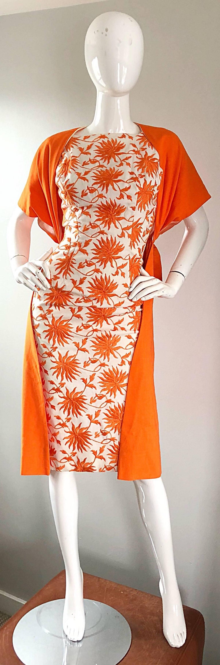 1950s Demi Couture Orange Ivory White Vintage 50s Wiggle Dress And Jacket Set - 