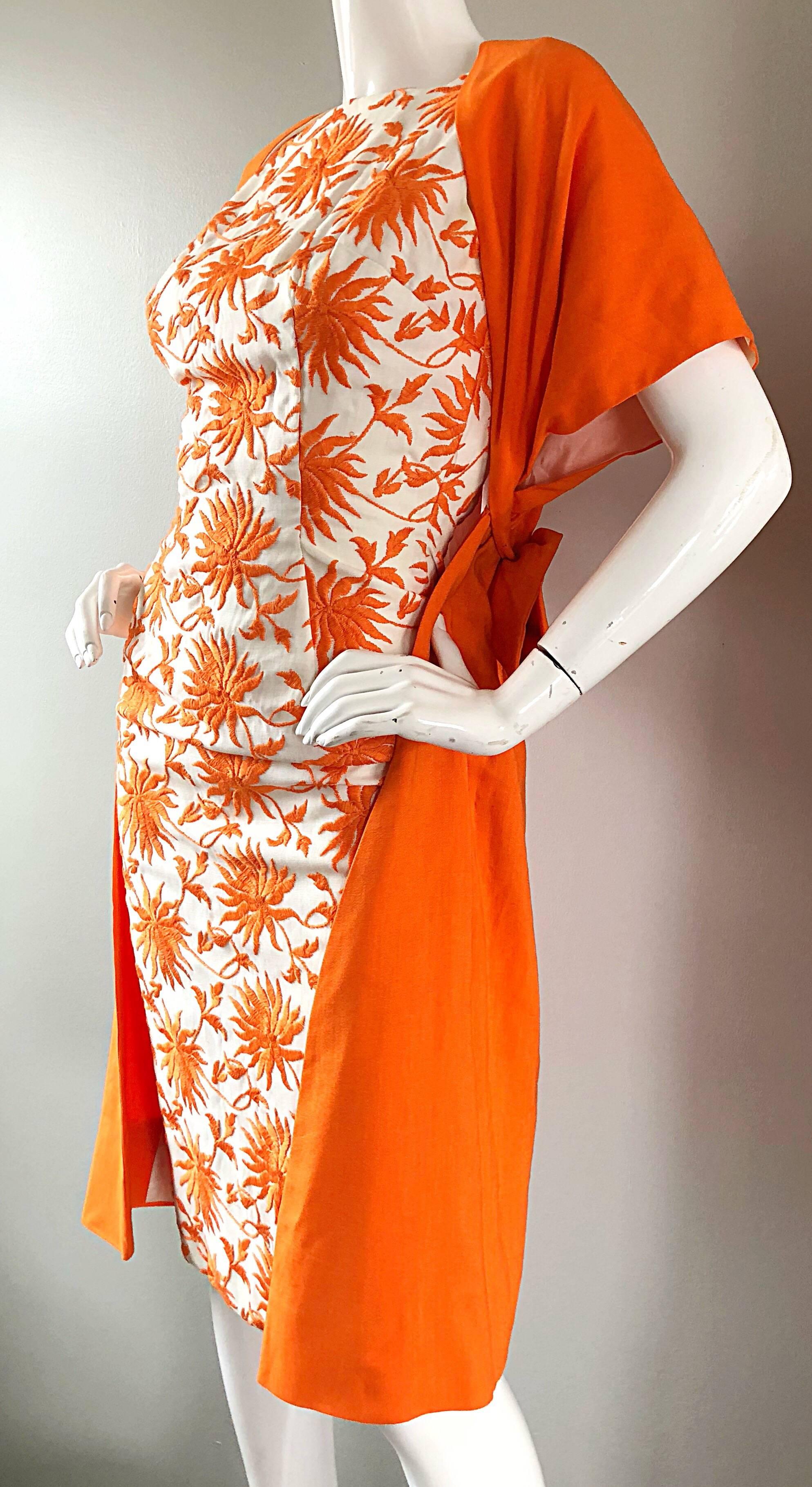 Red 1950s Demi Couture Orange + Ivory White Vintage 50s Wiggle Dress and Jacket Set