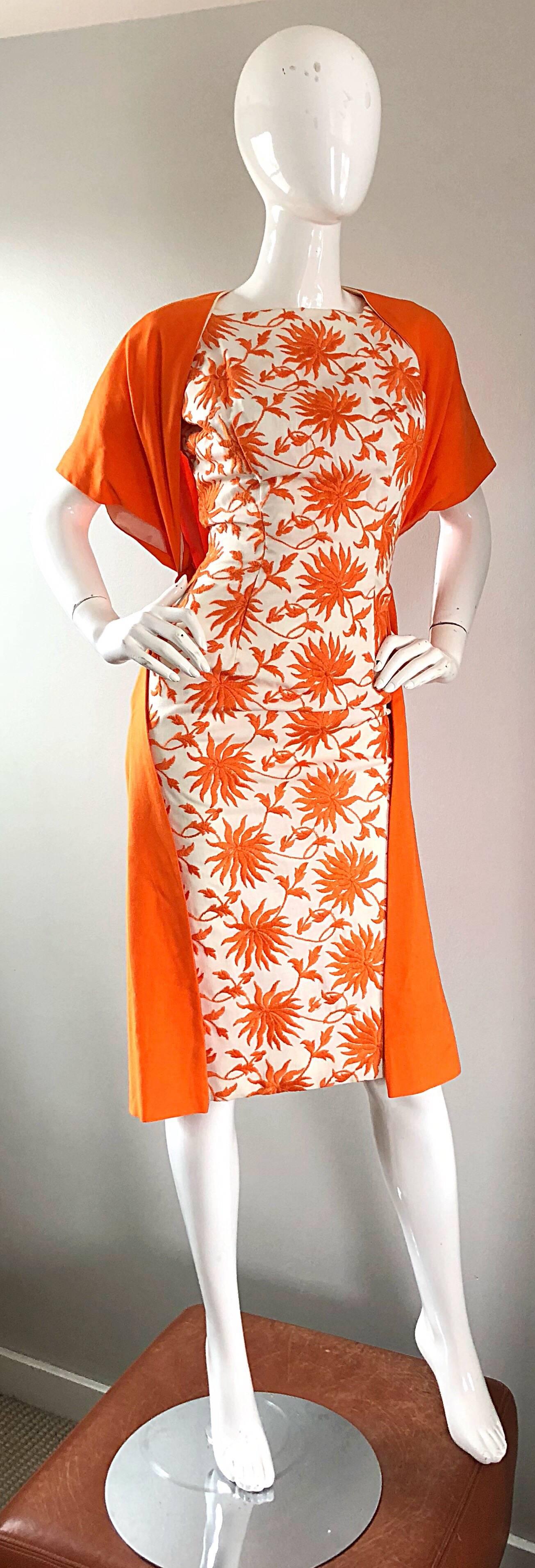 1950s Demi Couture Orange + Ivory White Vintage 50s Wiggle Dress and Jacket Set In Excellent Condition In San Diego, CA
