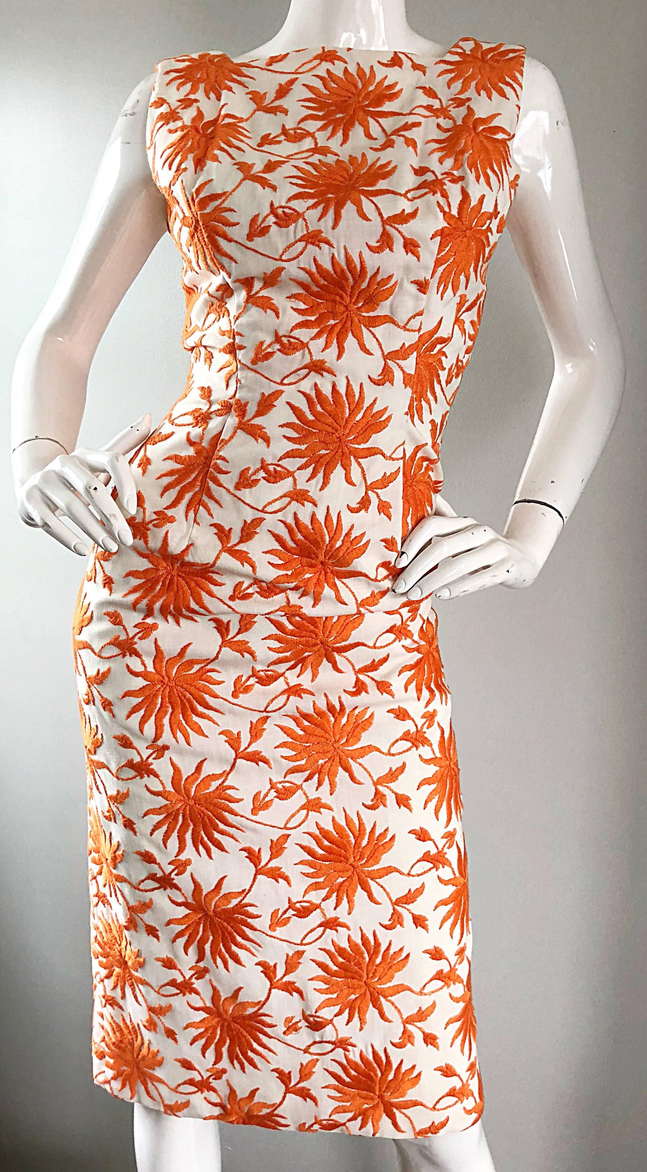 1950s Demi Couture Orange + Ivory White Vintage 50s Wiggle Dress and Jacket Set 2
