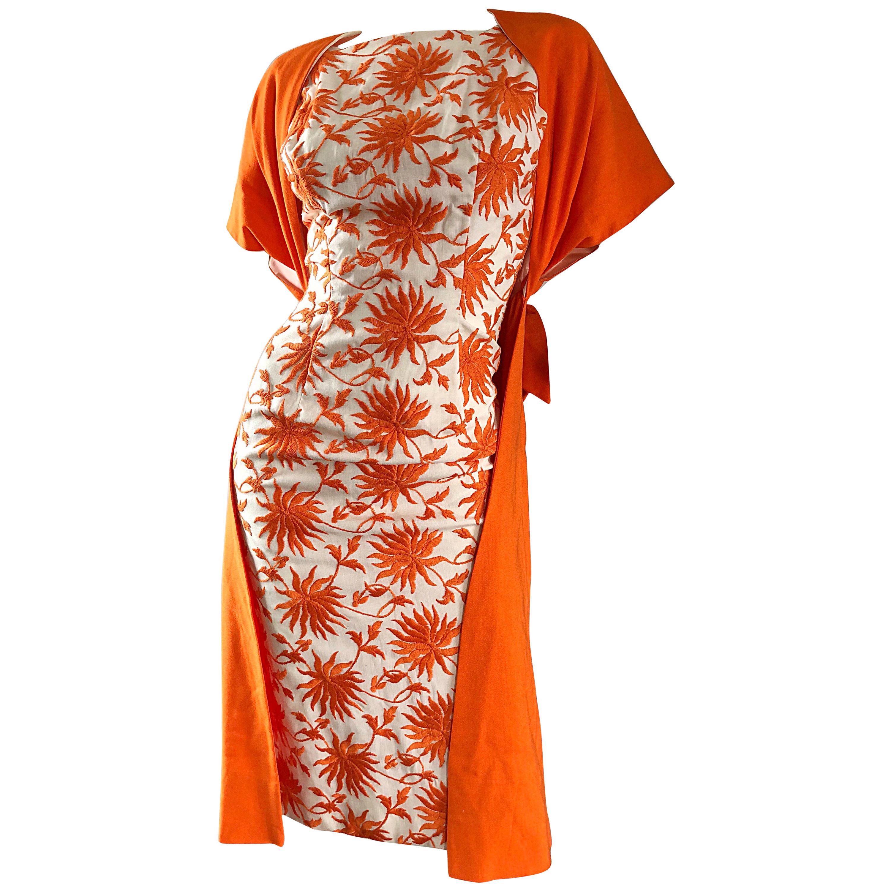 1950s Demi Couture Orange + Ivory White Vintage 50s Wiggle Dress and Jacket Set