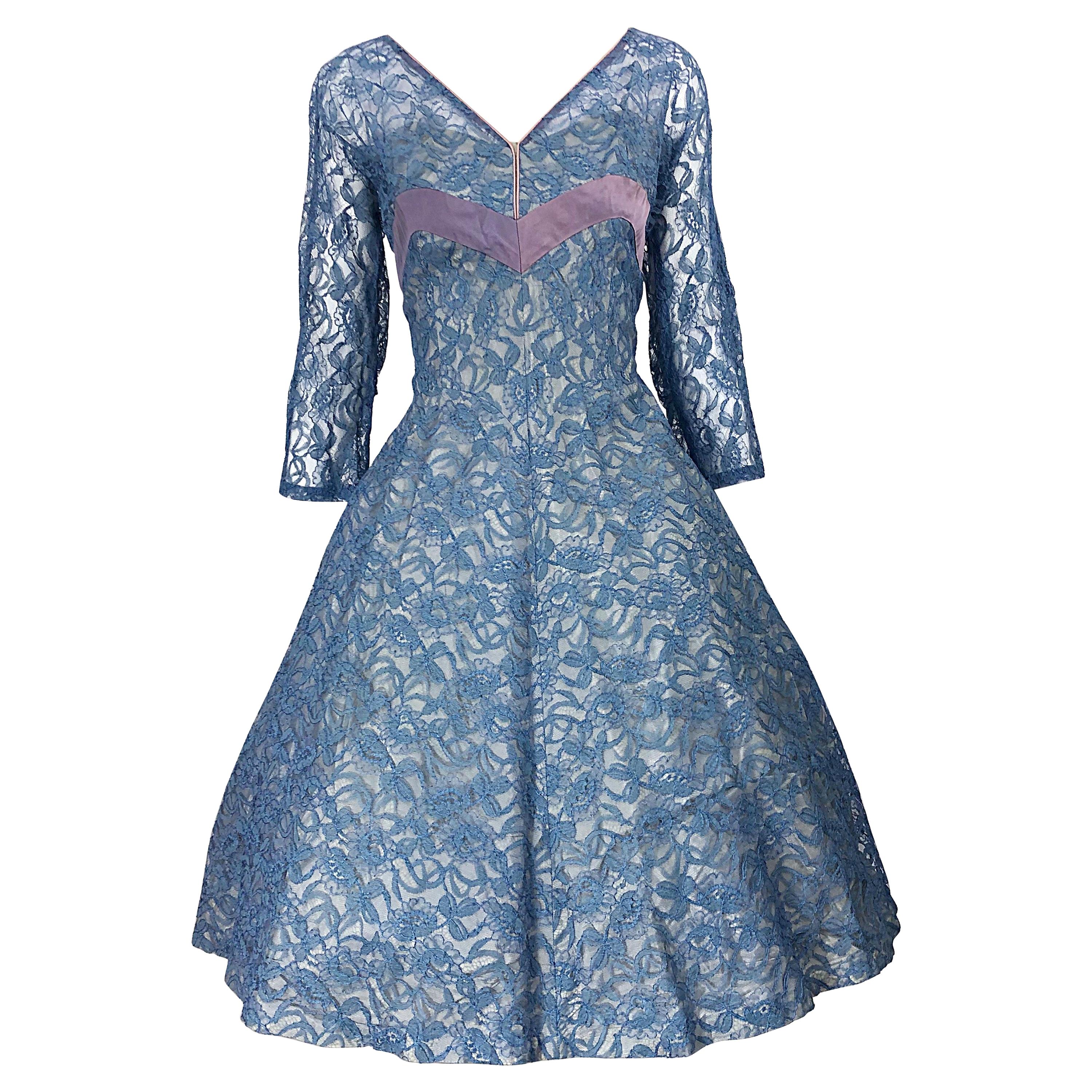 1950s Demi Couture Periwinkle Blue Chantily Lace Fit n
 Flare Vintage 50s Dress