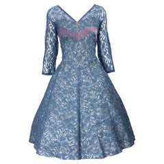 1950s Demi Couture Periwinkle Blue Chantily Lace Fit n' Flare Vintage 50s Dress