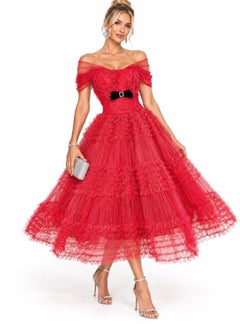 1950s Demi Couture Red Tulle 50s Cocktail Dress with Detachable Bertha Collar