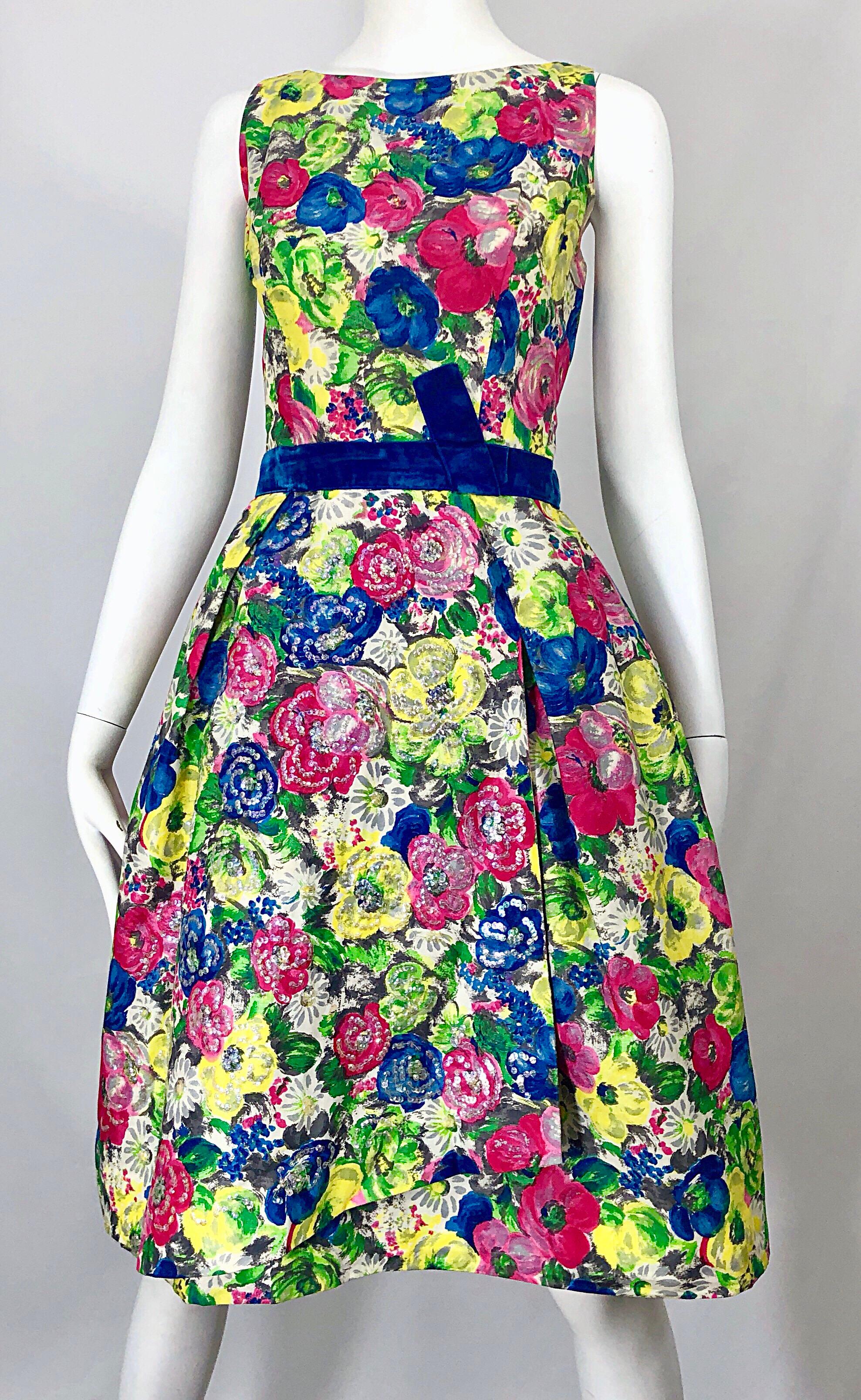 1950s Demi Couture Sequined Watercolor Floral Silk Fit n' Flare Vintage Dress 5