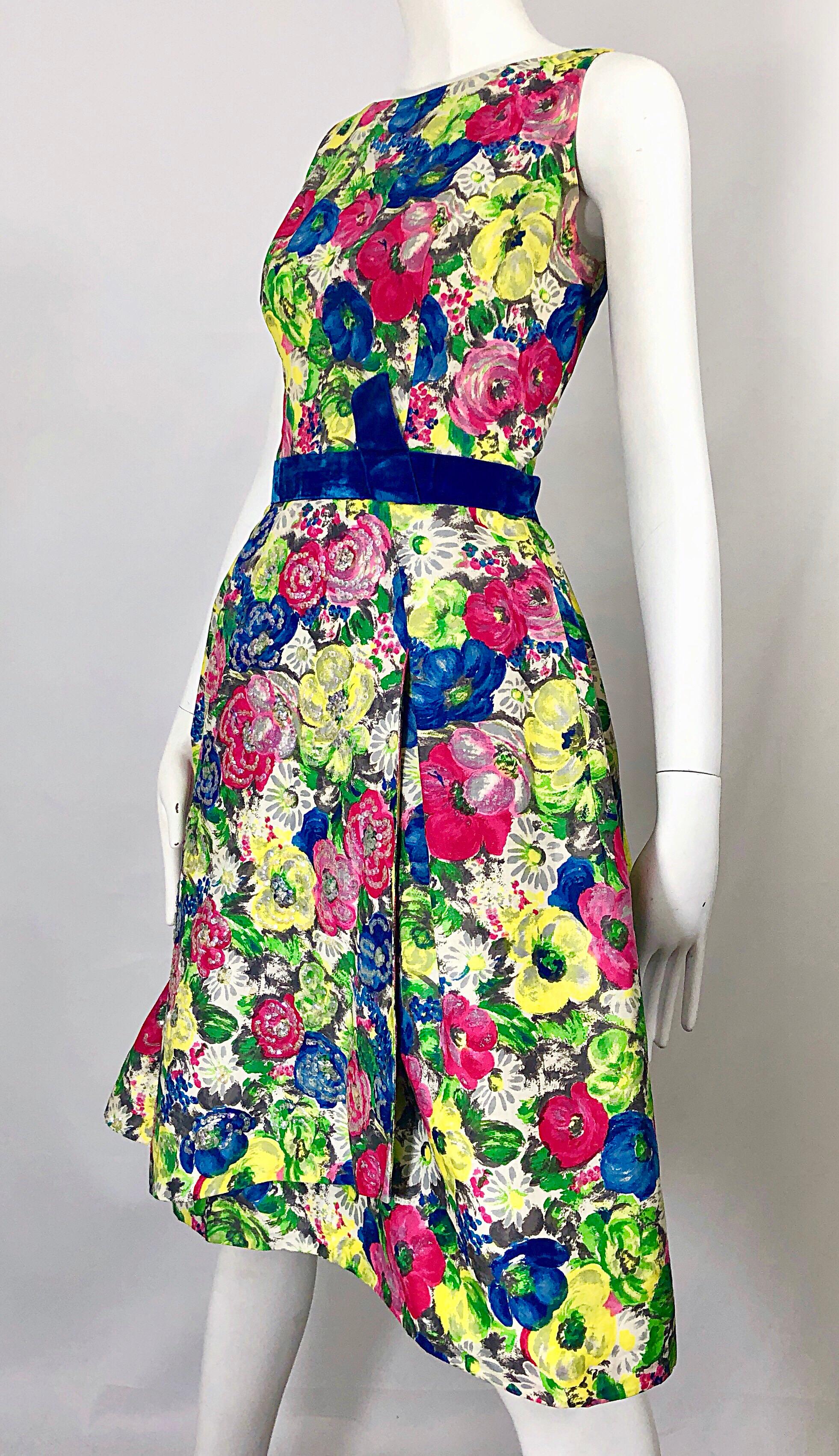 1950s Demi Couture Sequined Watercolor Floral Silk Fit n' Flare Vintage Dress 6