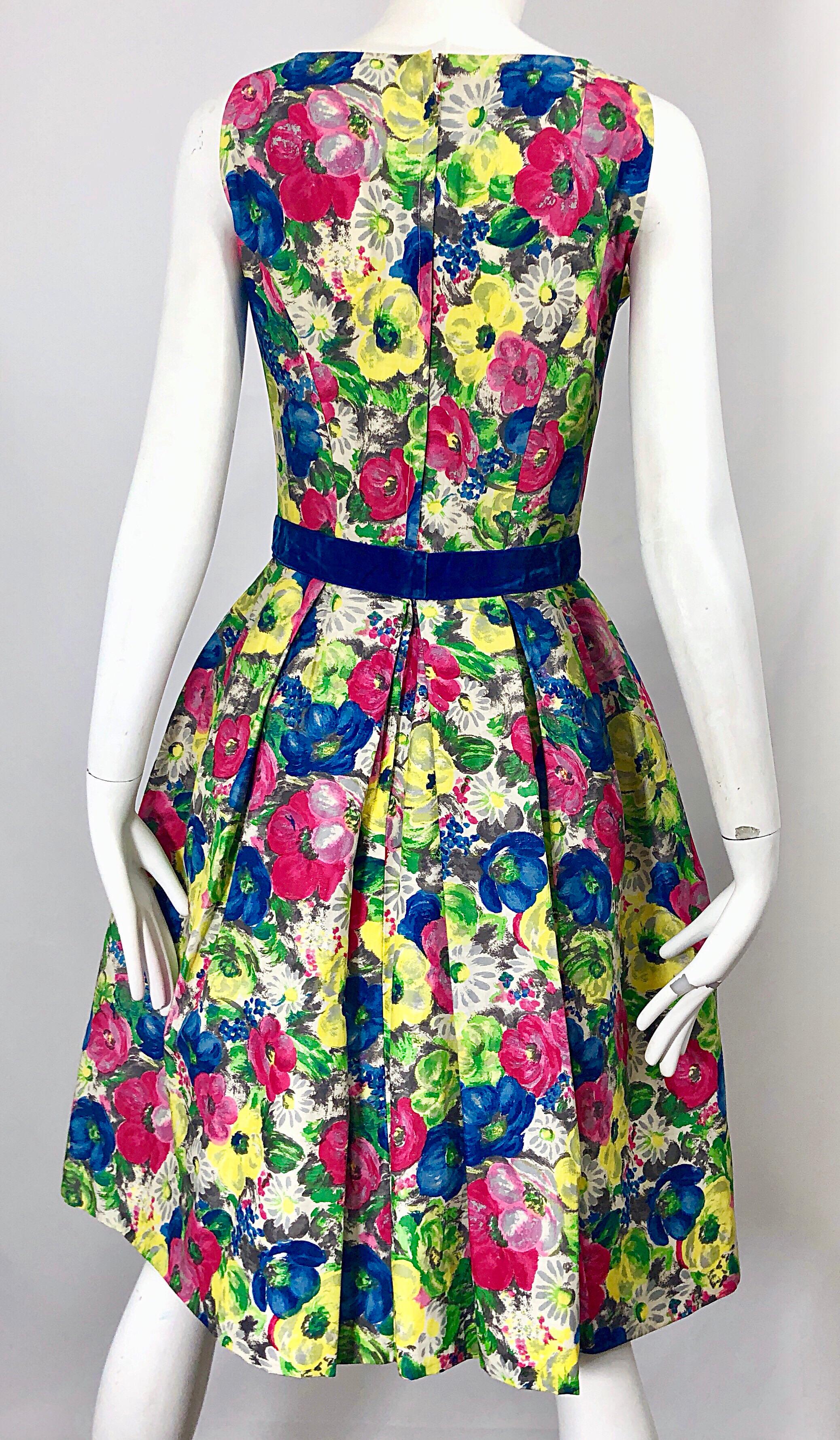 1950s Demi Couture Sequined Watercolor Floral Silk Fit n' Flare Vintage Dress 7
