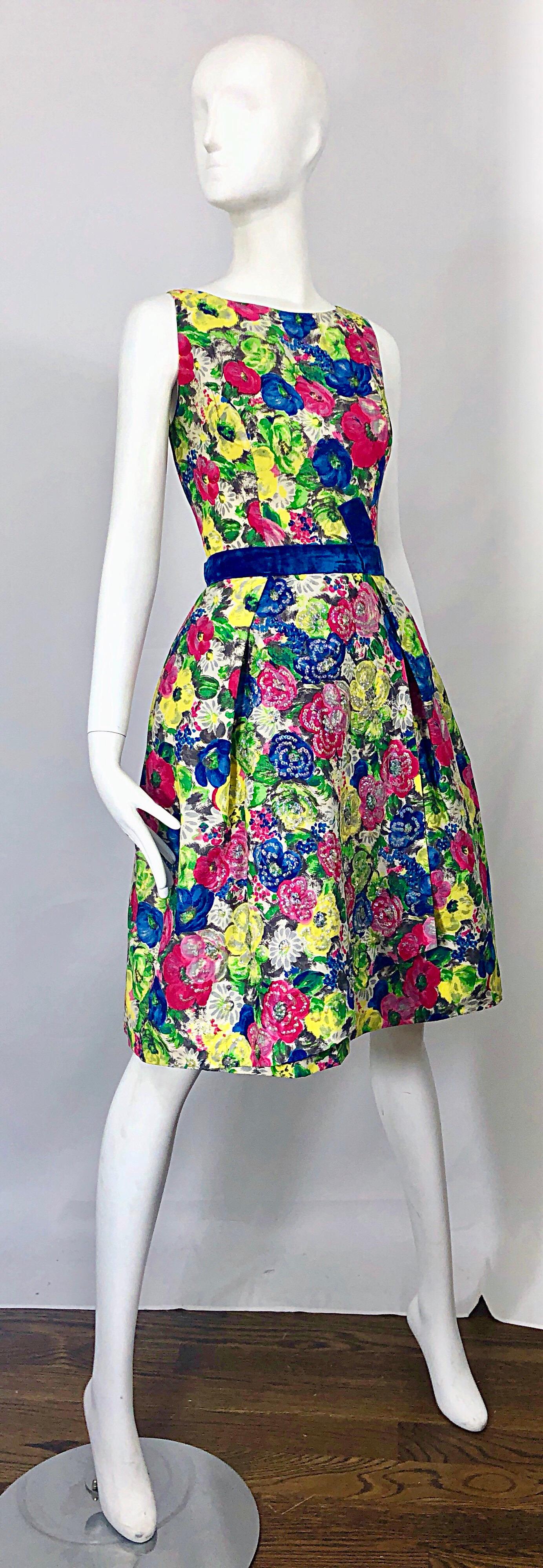 1950s Demi Couture Sequined Watercolor Floral Silk Fit n' Flare Vintage Dress 8