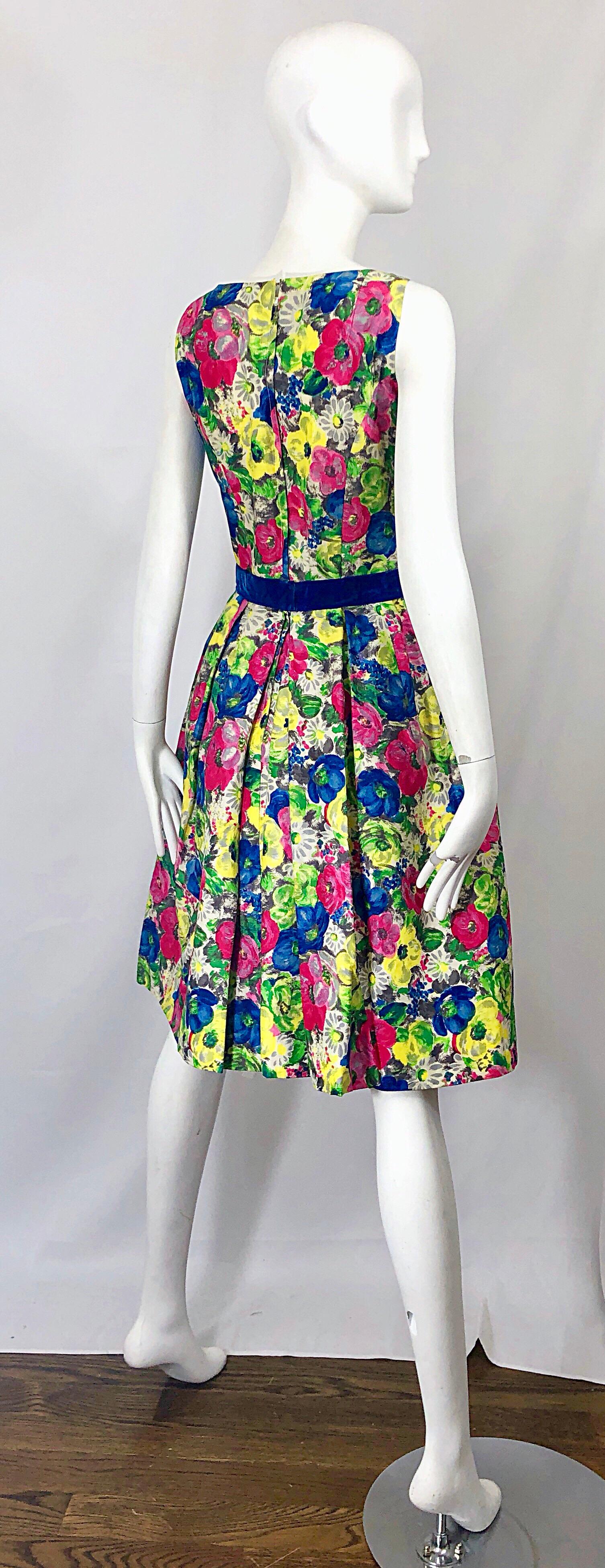 1950s Demi Couture Sequined Watercolor Floral Silk Fit n' Flare Vintage Dress 9