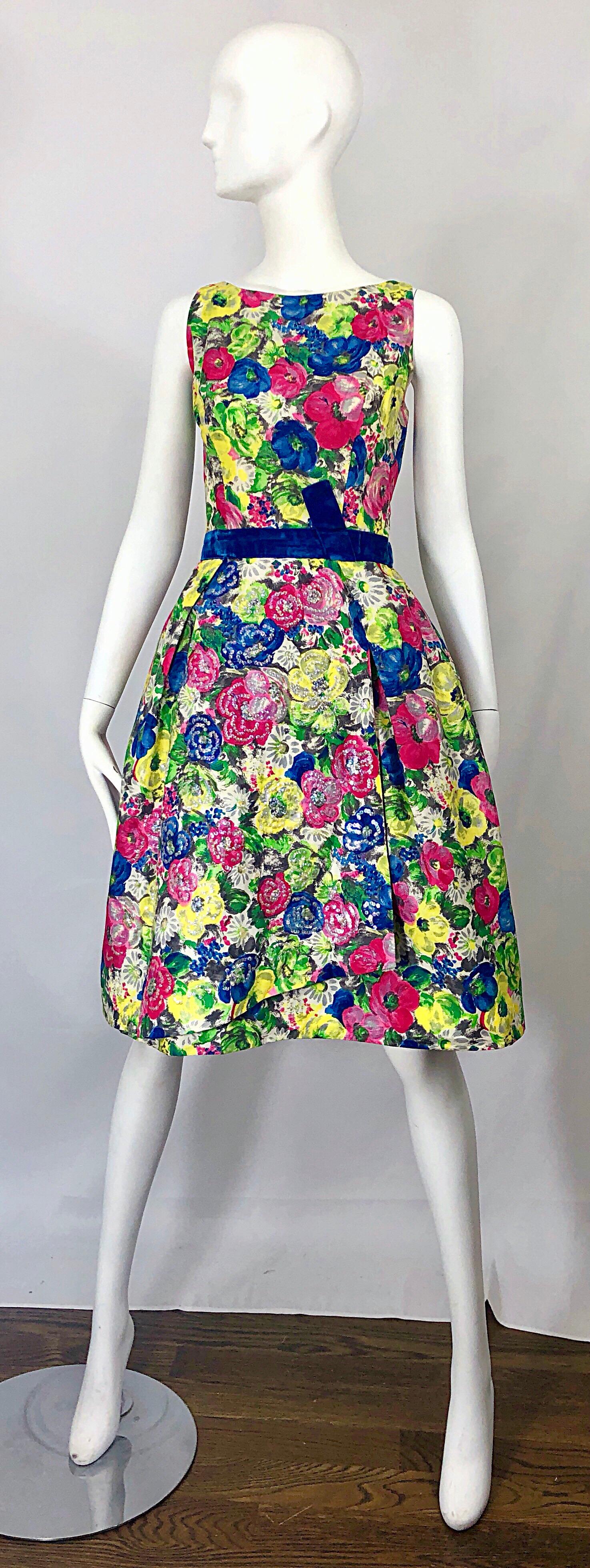 1950s Demi Couture Sequined Watercolor Floral Silk Fit n' Flare Vintage Dress 10