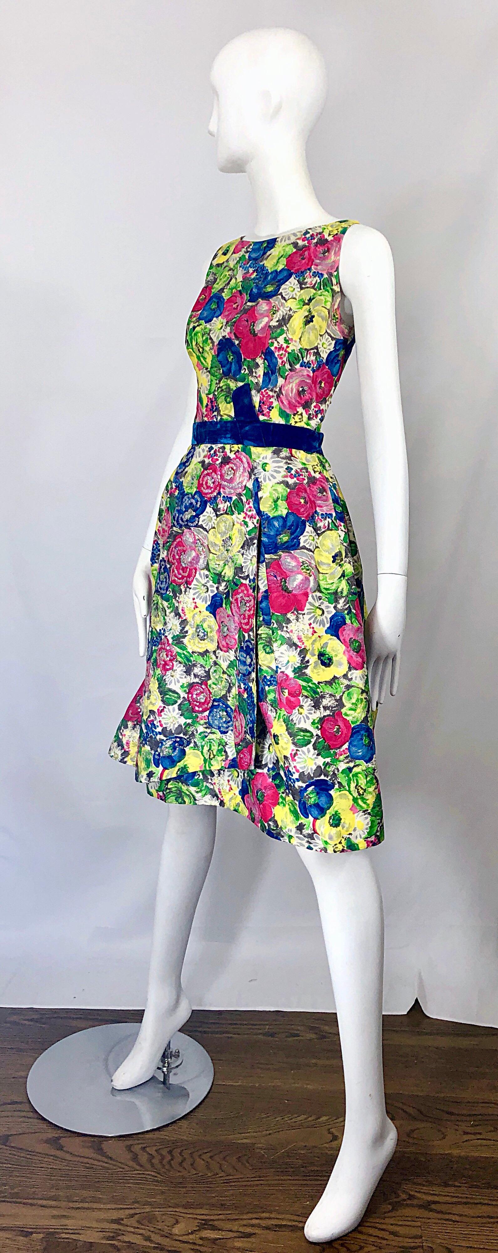 1950s Demi Couture Sequined Watercolor Floral Silk Fit n' Flare Vintage Dress 3